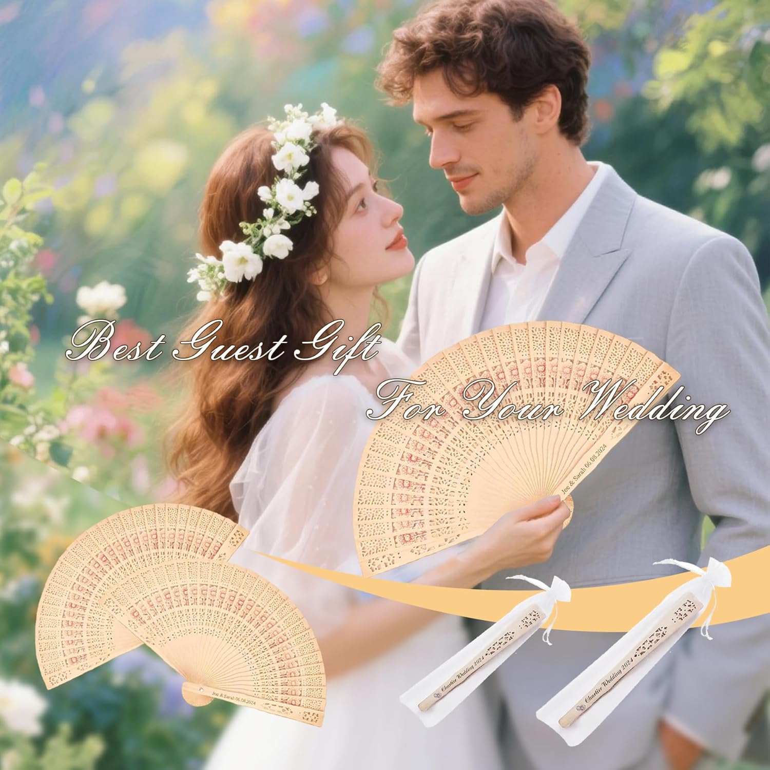 100Pcs Personalized Fans for Wedding Guests Custom Sandalwood Handheld Folding Fans Bulk with Text Organza Bags and Tassels for Party Favors Decor Bridal Shower Gifts for Guests (100)