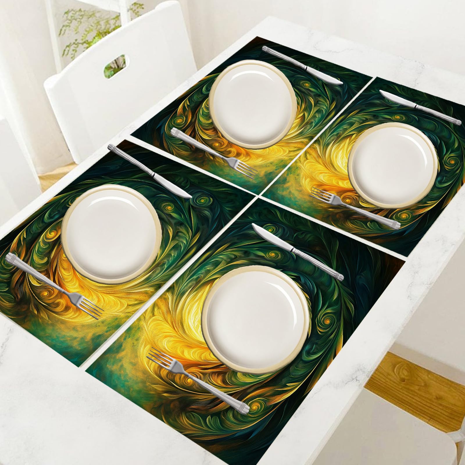 Set di 8 Tovagliette Americane Lavabili Cotone Lino Creatività - Tovaglietta Americana Resistenti al Calore Durevole Vortice di piume - per Colazione Pranzo 30×45 cm