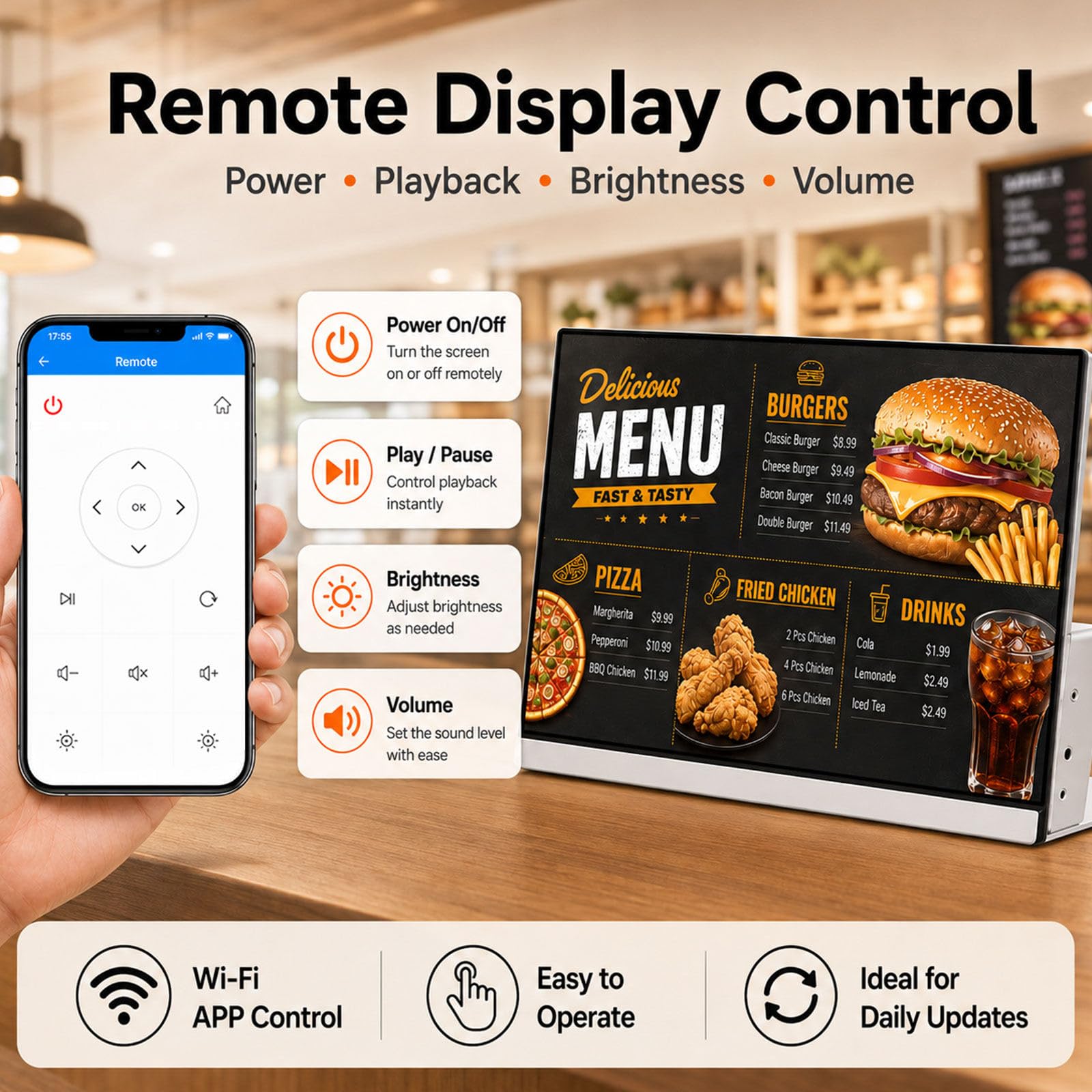Pantalla publicitaria Comercial Cristal Templado antiarañazos | Encendido automático marco 2 mm para visualización de menús en tiendas y hoteles