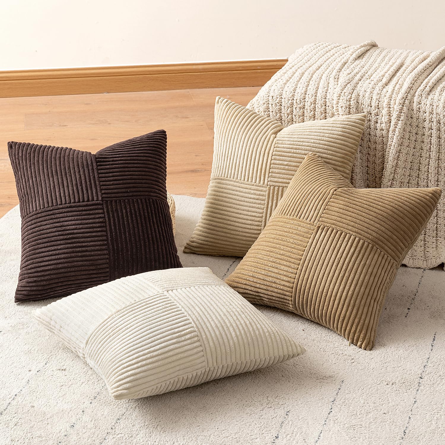 EMEMA Corduroy Cushion Cover, Set of 4, Patchwork Cushion Cover, 50 x 50 cm, Decorative Cushion Sofa Cushion - Image 2