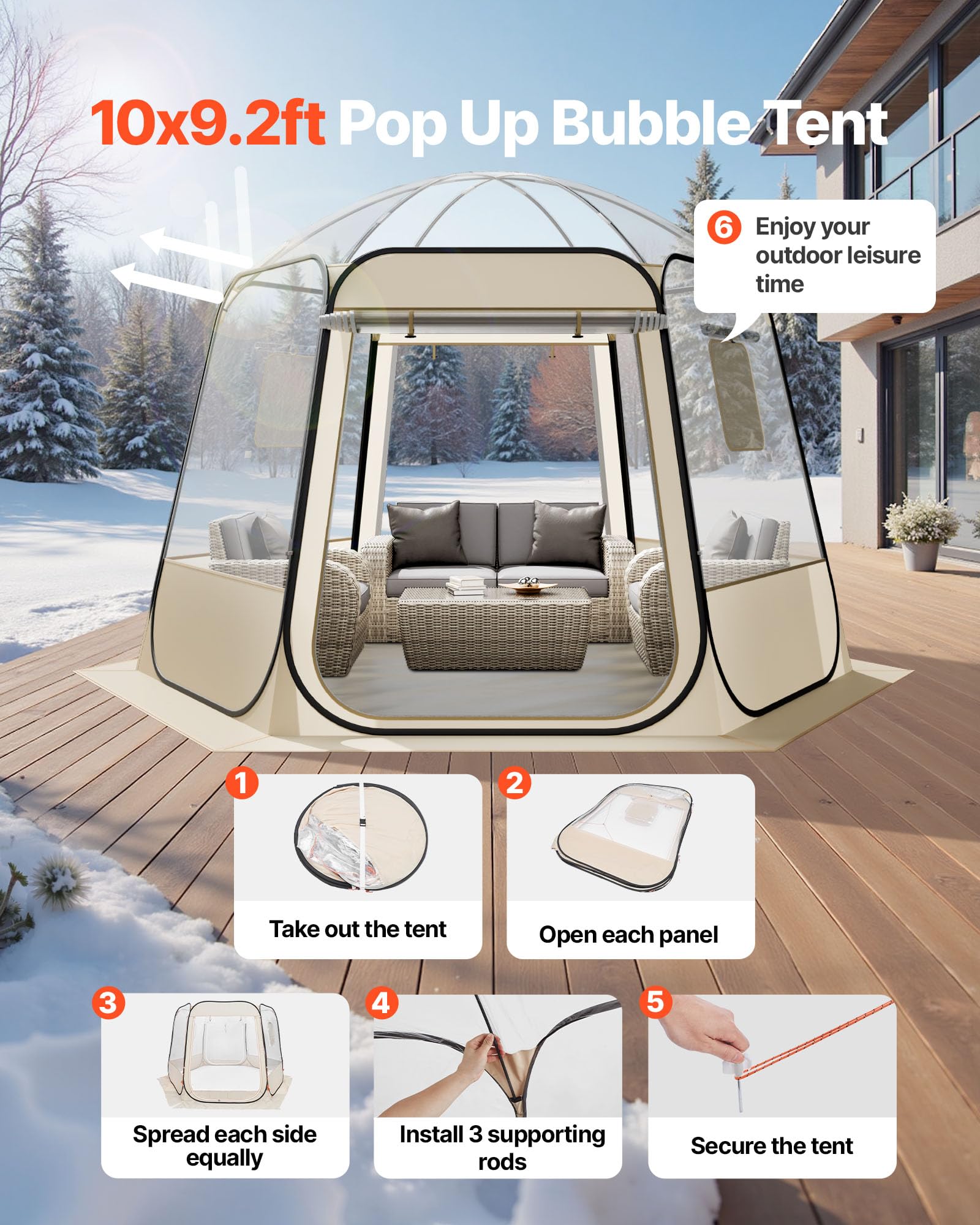 VEVOR Tenda a Cupola Pop-Up, 305 x 275 x 220 cm, Impermeabile e Resistente ai Raggi UV, Tenda da Campeggio Trasparente, con Finestre, Vista Panoramica a 540°, per 4-8 Persone, Patio, Cortile