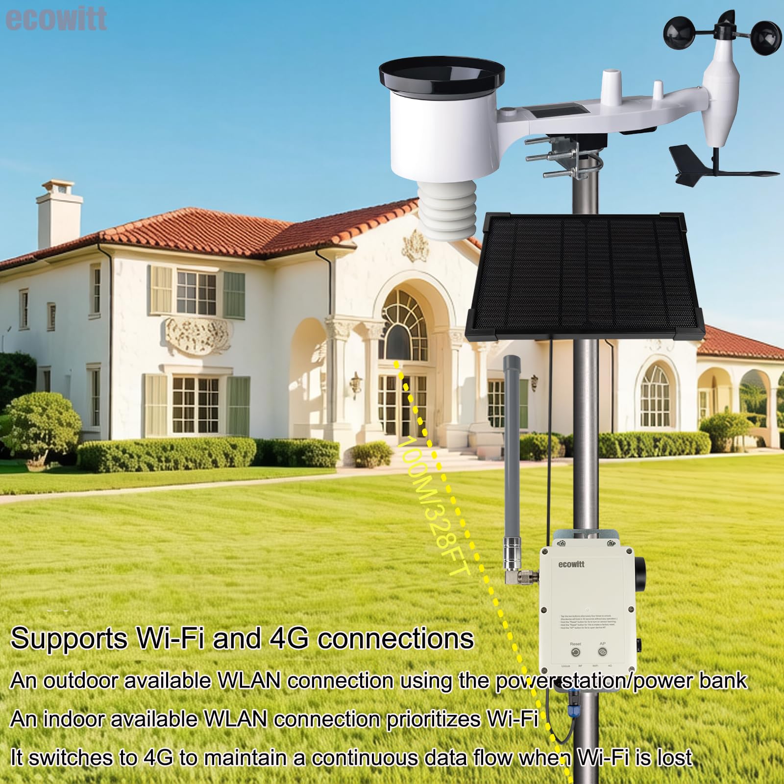 ECOWITT WS6214S Estación meteorológica inalámbrica, pasarela 4G y Wi-Fi WS6210S con panel solar + sensor exterior 7 en 1 para el hogar WS90 con módulo de presión atmosférica, antena RF de 30 cm
