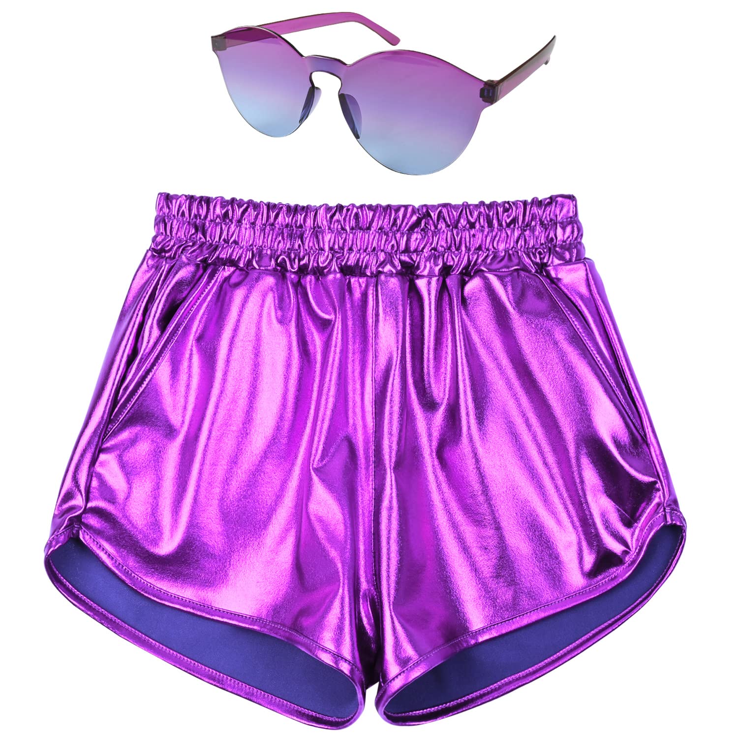 Mirawise Girls Metallic Shorts Shiny Hot Pants Sparkly Dance Outfits Short Pants with Sunglasses