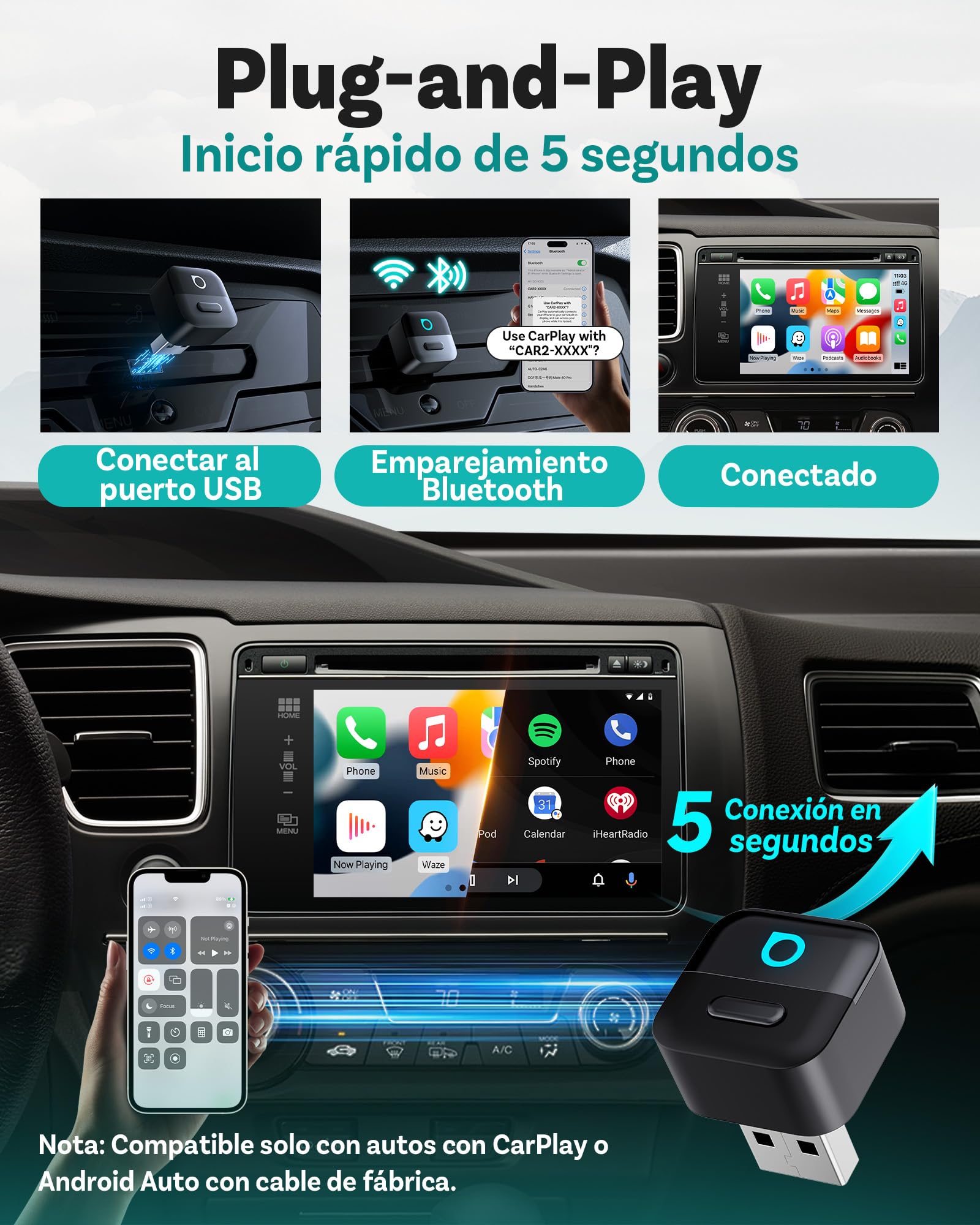 2026 Ottocast Mini Pico Adaptador CarPlay Inalámbrico, Convierte CarPlay y Android Auto con Cable a Wireless, Doble Canal, WiFi 6 & Bluetooth 5.4, Auto Reconnect, USB Plug & Play
