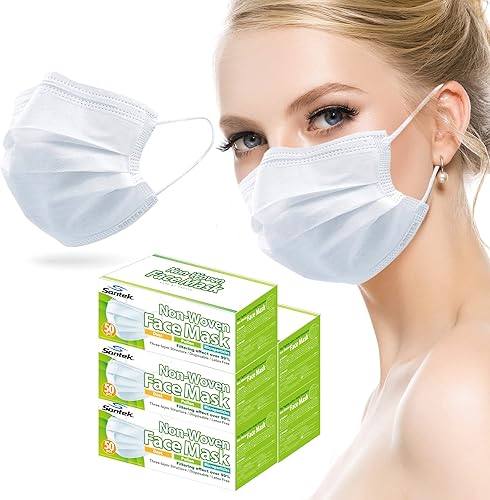 Santek Mascarillas desechables blancas con filtro de 3 capas, ASTM nivel 2, no tejidas, transpirables, cómodas, para hombres y mujeres, adultos, 250