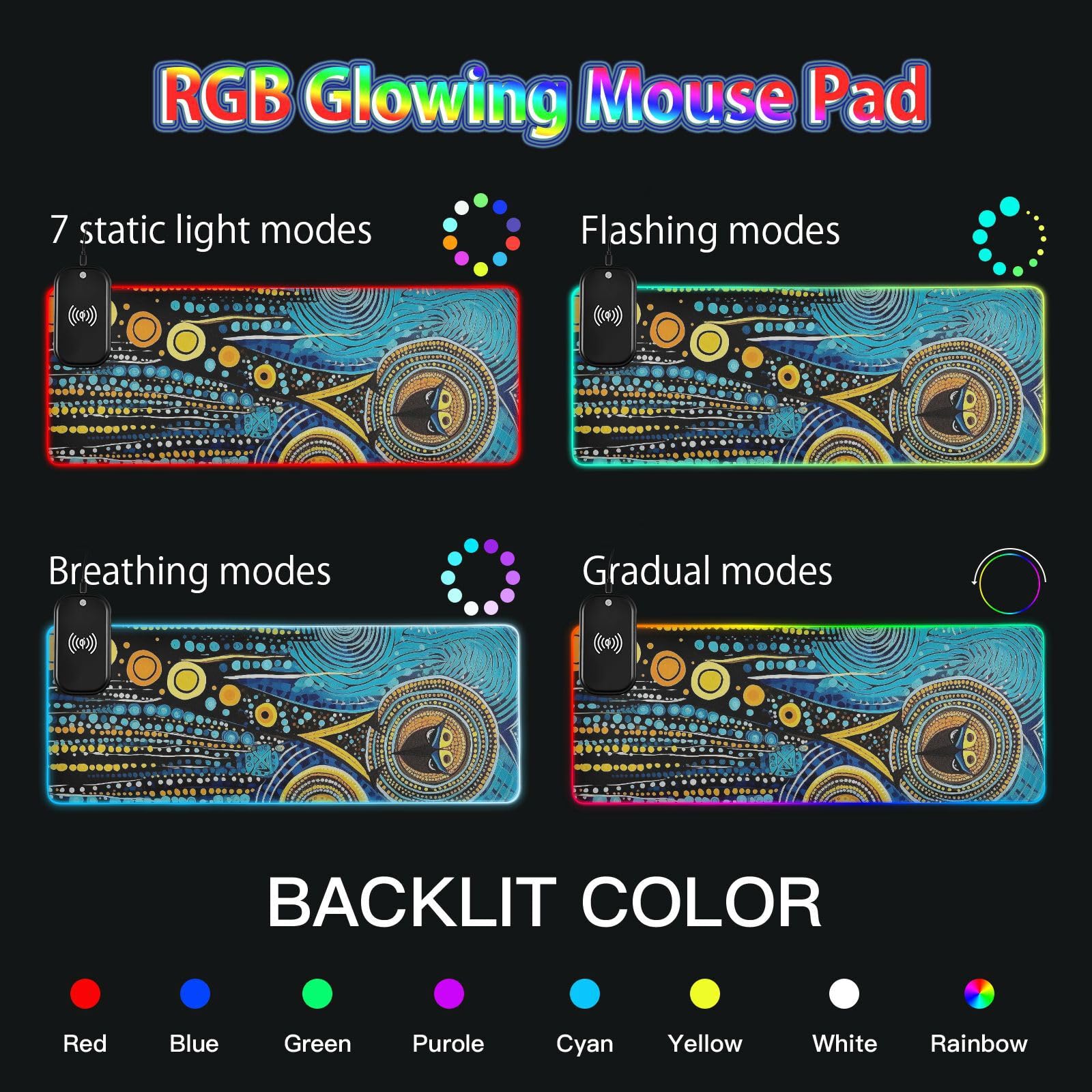 Blu e Giallo Modello Astratto Ricarica Wireless Incandescente personalizzato animale pad tastiera e tappetino animale tappetino per mouse gaming cool gameing 31,5x11,8 pollici