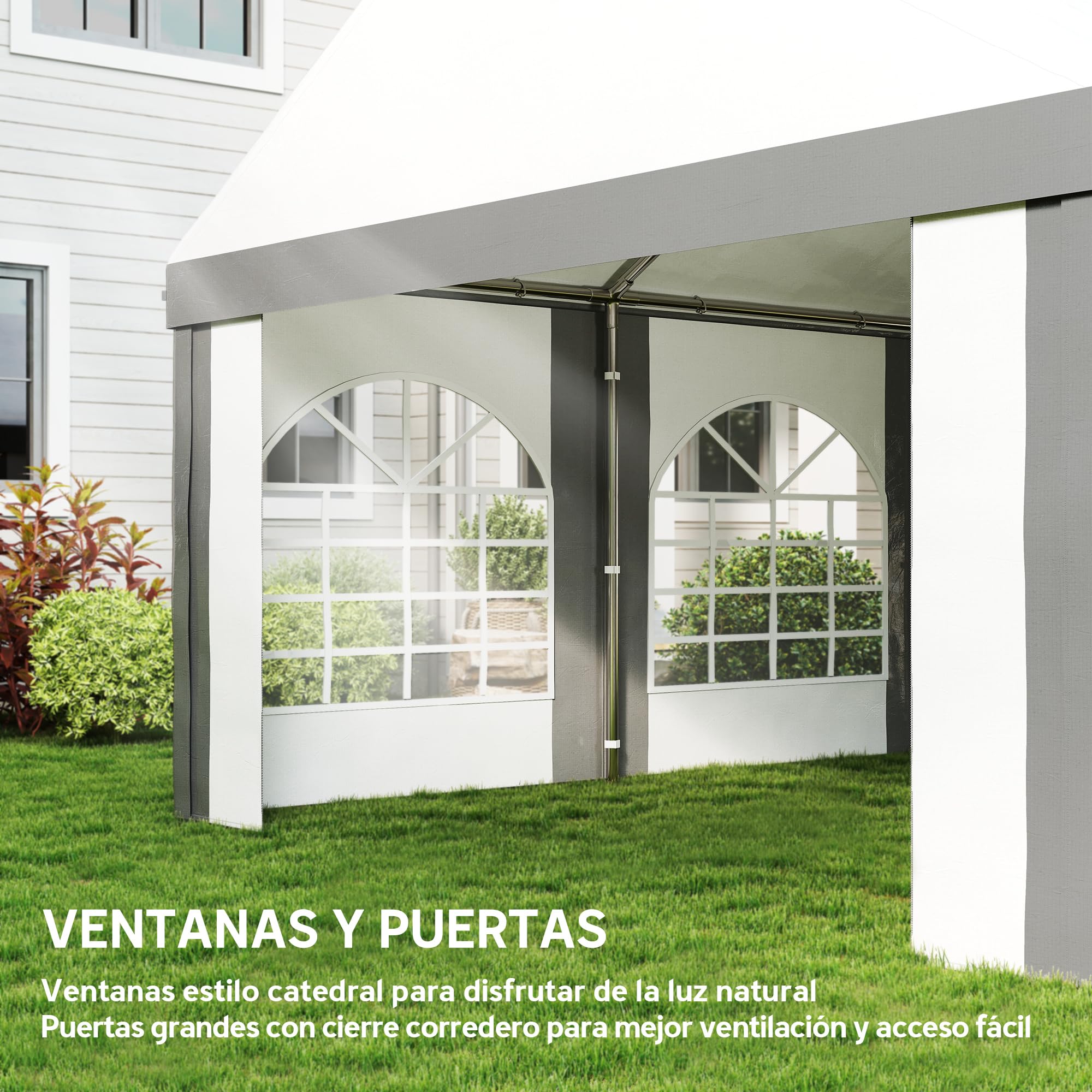 Outsunny Carpa para Fiesta 4x8 m Carpa de Jardín Anti-UV Gris y Blanco | Paredes Laterales Extraíbles, Puertas y Ventanas, Impermeable, Cenador Gazabo, Boda Camping Eventos Exterior