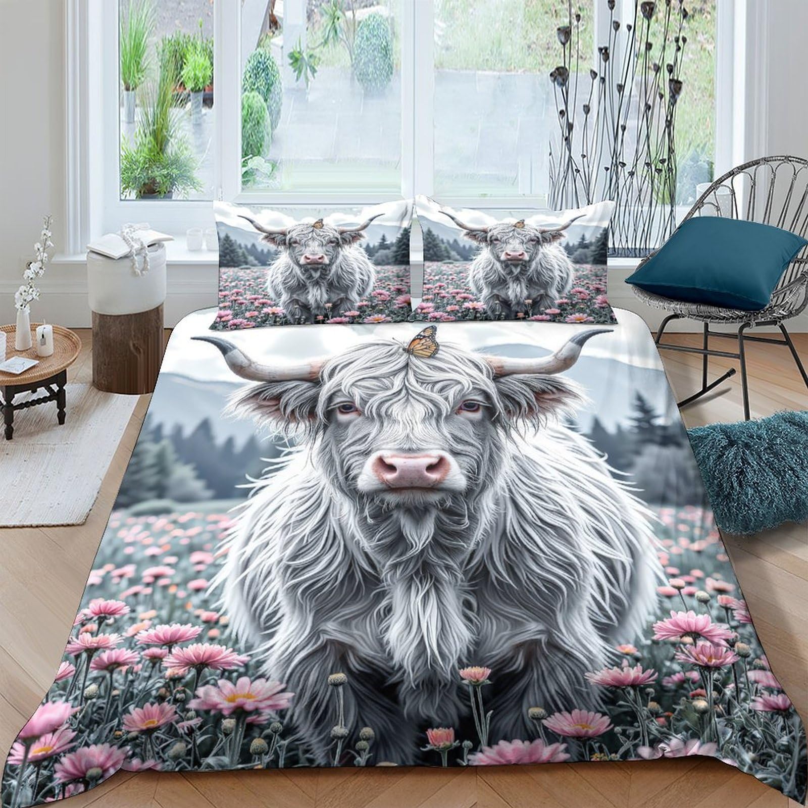 Ctjqhvkz Style-1 3D Printed Highland Cow Floral Fitted Sheet Microfiber Soft Breathable Wildflower Bed Cover For Bedroom Dorm Mattress Decor Single（135X200cm）