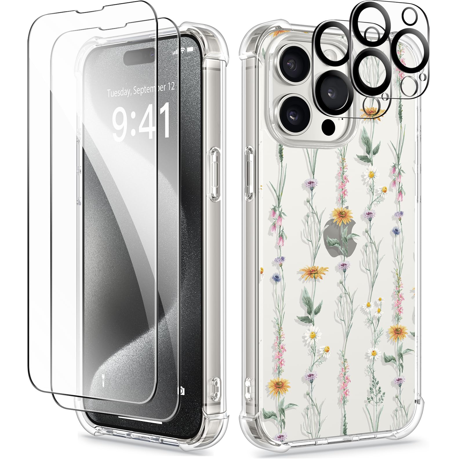 GVIEWINCase Compatible with iPhone 15 Pro Max 6.7" 2023,with 2 Screen Protector+2 Camera Lens Protector,Non-yellow Flower Clear PC Slim Shockproof Anti-Scratch Protective Cover, Sunward/Gold