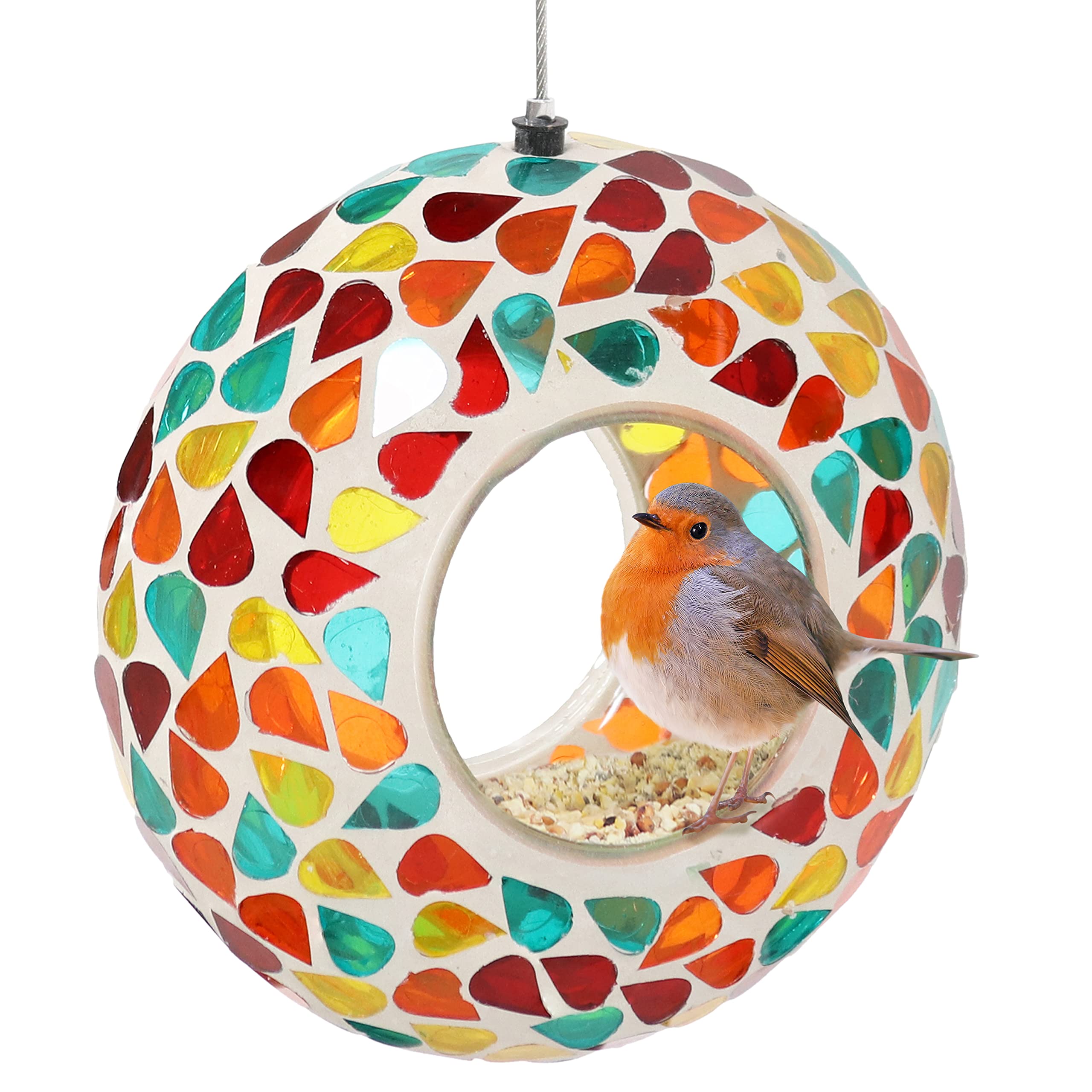 Sunnydaze 6-Inch Glass Mosaic Hanging Bird Feeder for Outdoors - Fly-Through Glass Bird Feeder for Cardinals, Jays, Finches and More - Confetti Mosaic