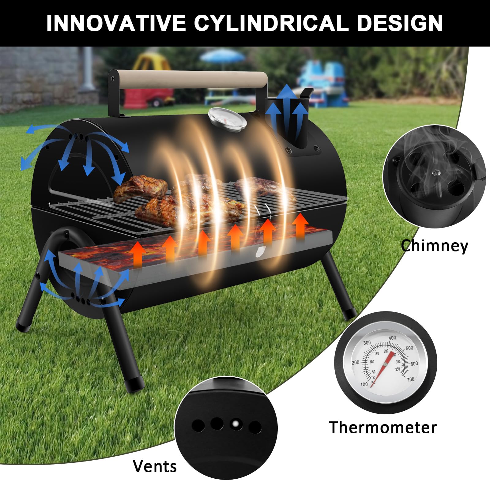Barbecue Charbon Portable 2 en 1 Noir | avec Thermomètre, robuste, facile à transporter, pour jardin balcon voyage camping