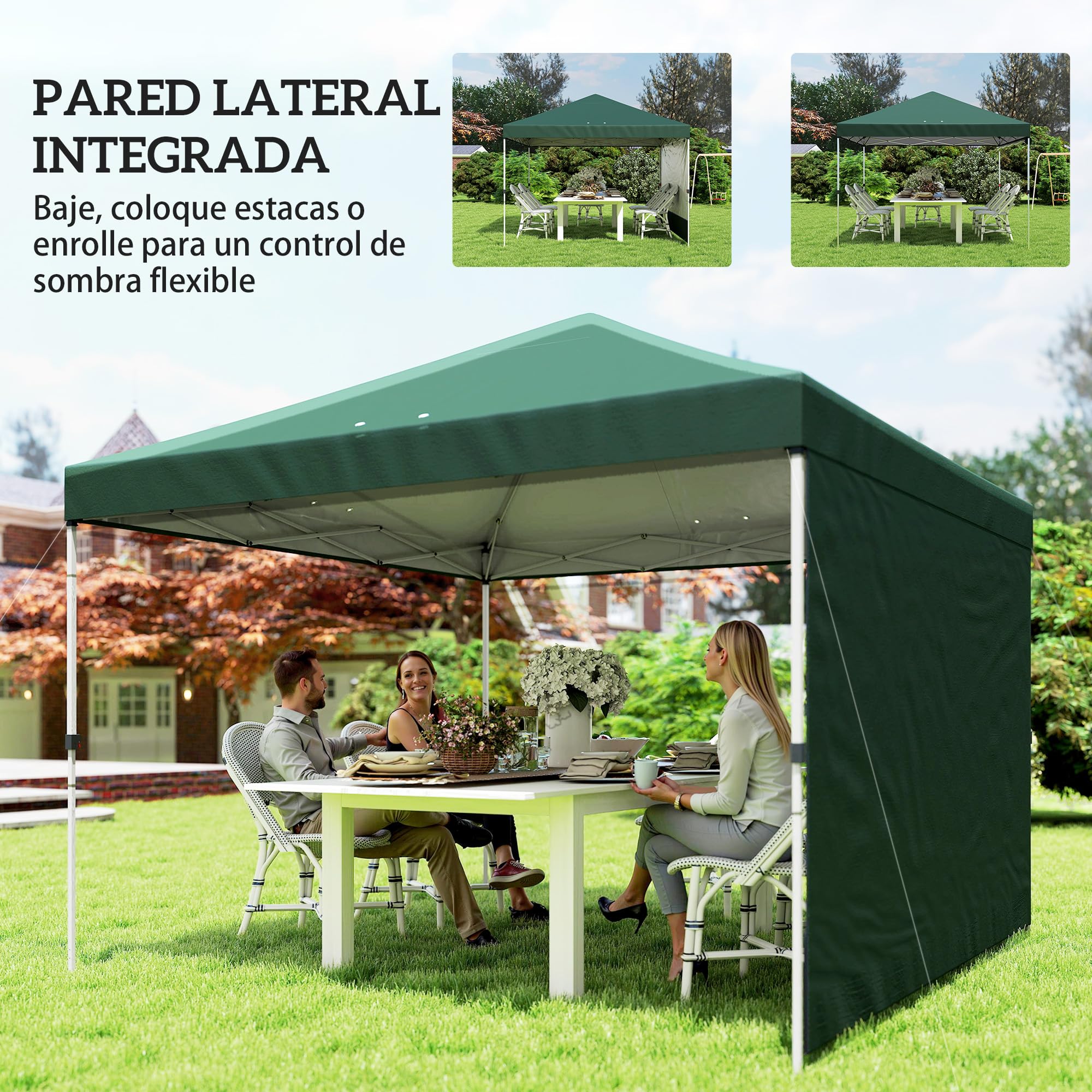 Outsunny Carpa Plegable 3x3 m, Pop-up, con Pared Lateral, Cenador de Jardín con Protección UPF50+, Empuje Central, Altura Ajustable, Bolsa de Transporte, Gazebo para Camping, Exterior, Verde