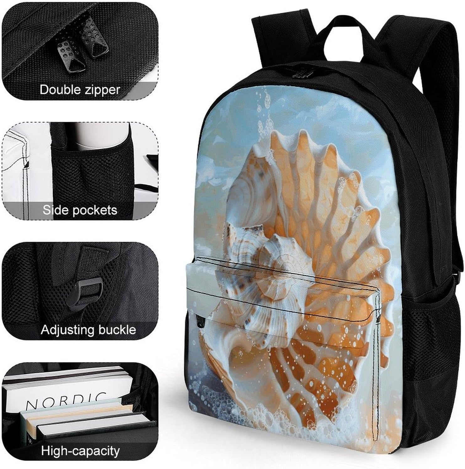 Ocean Seashell Backpack Daypack Travel Backpack | Lightweight Casual Laptop Backpack for Women Men Aesthetic Travel Bag for Weekender Business Hiking Outdoor