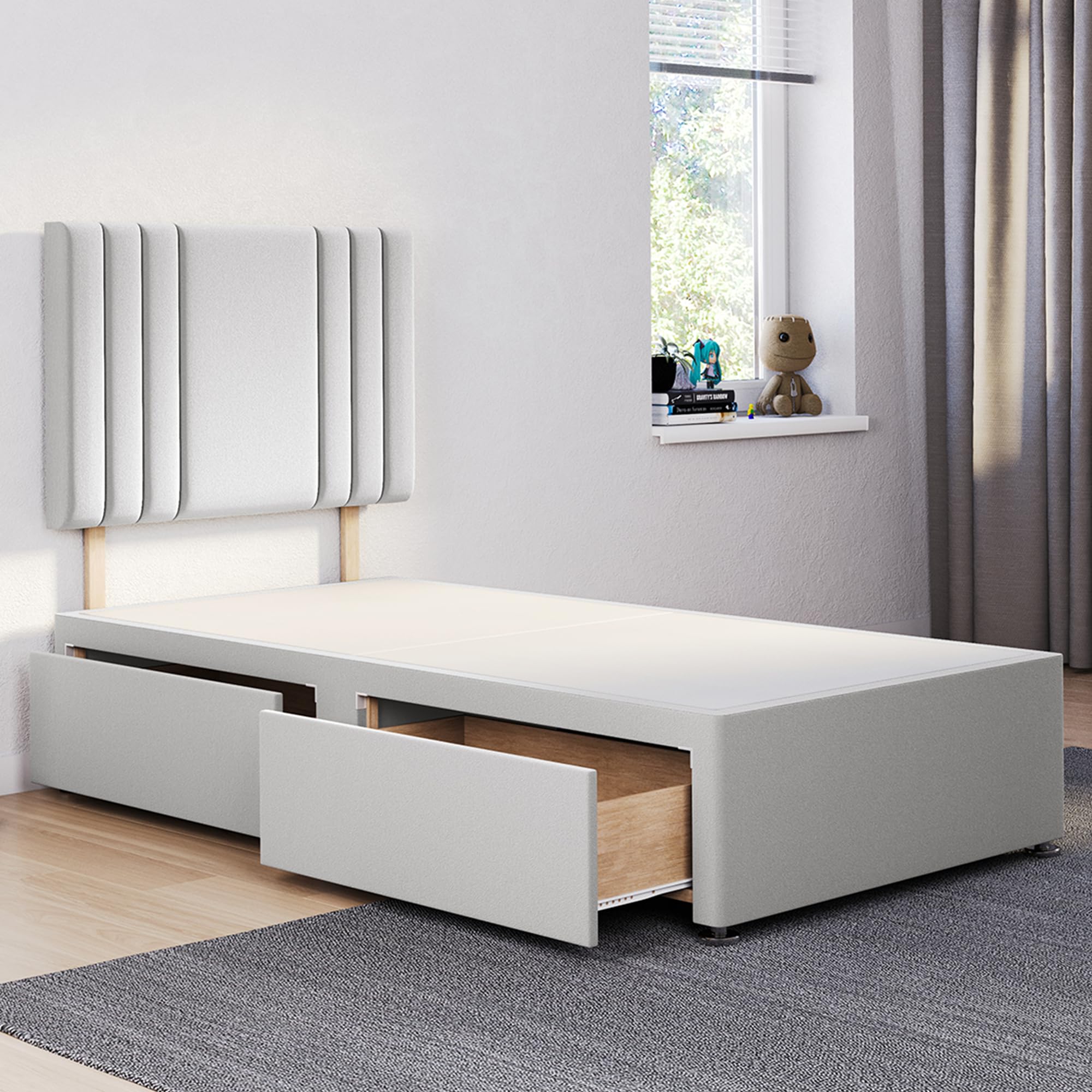 ComfoRest - Sophisticated 3FT Single Divan Bed with 2 Drawers & 24" Streak Headboard | Versatile Frame with Storage and a Sturdy Base for Modern Homes (Silver Plush)