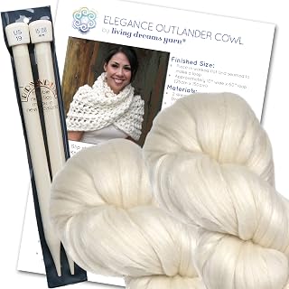 Living Dreams Yarn Elegance Outlander Cowl Knit Kit - Super Soft Merino Silk Yarn, Big Needles, Pattern & Photo Tutorial - Ivory