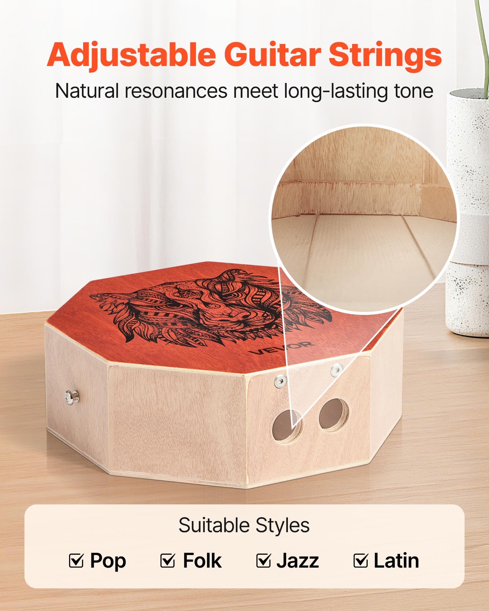 VEVOR Cajon Box Drum Unico, Con Corde per Chitarra Interne, Scatola di Percussioni in Legno Portatile, Strumento Musicale Portatile in Legno di Betulla con Tracolla Regolabile, 295 x 295 x 100 mm
