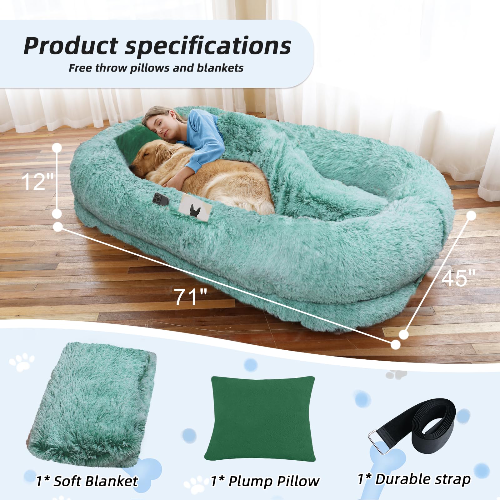 Human Dog Bed, 71''x45''x12'' Size Fits You and Pets, Washable Faux Fur Pet Bed for People Doze Off, Napping Orthopedic Dog Bed, Present Plump Pillow, Blanket, Strap - Pink: 71.0"L x 45.0"W x 12.0"Th GreenWhite