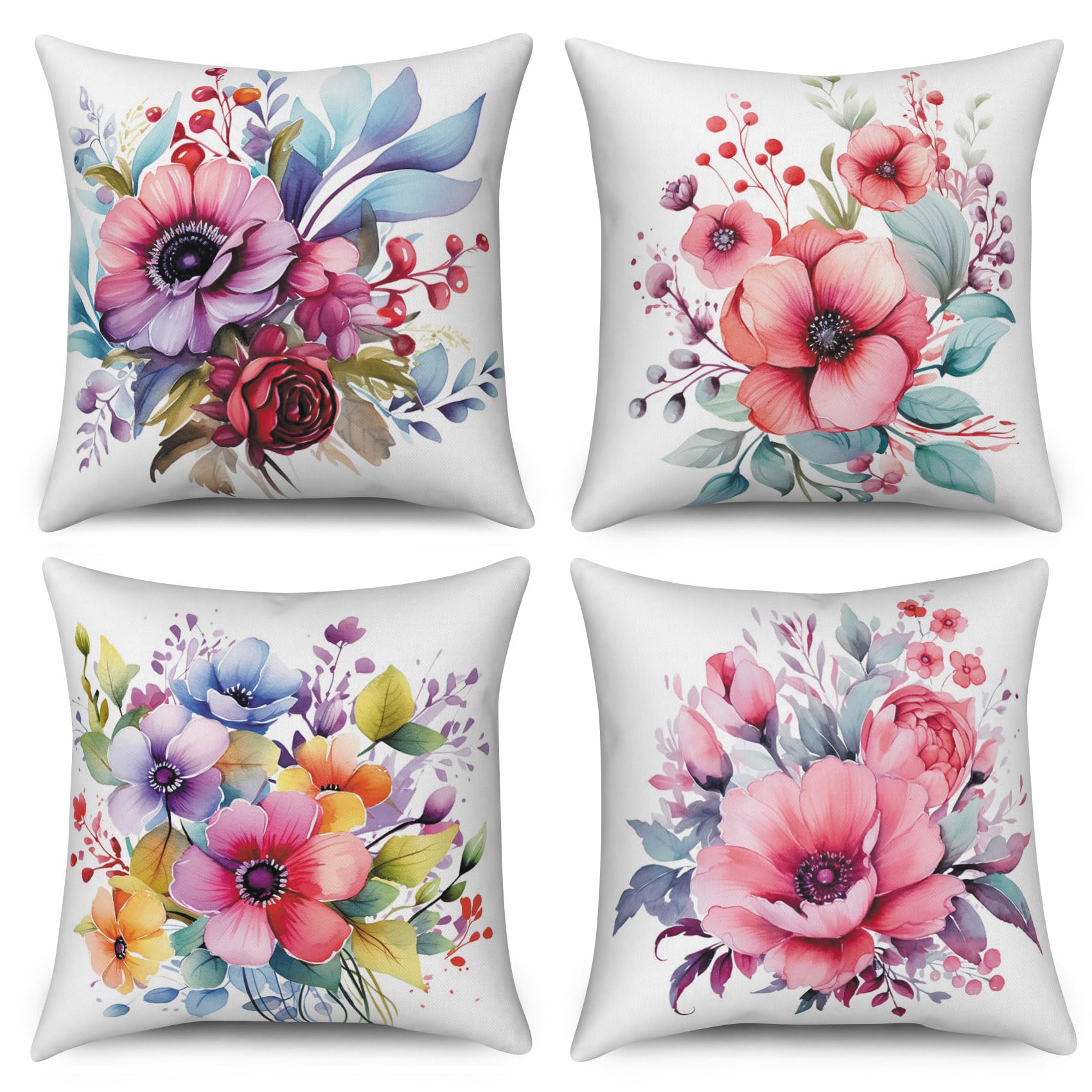 ASDCXZ Flower Pillow Cover Set 45x45 cm, 4pcs Hand Painted Colorful Flower Green Leaves Sofa Deco, Washable Polyester Flax Textile Outdoor Upholstery โ image 1