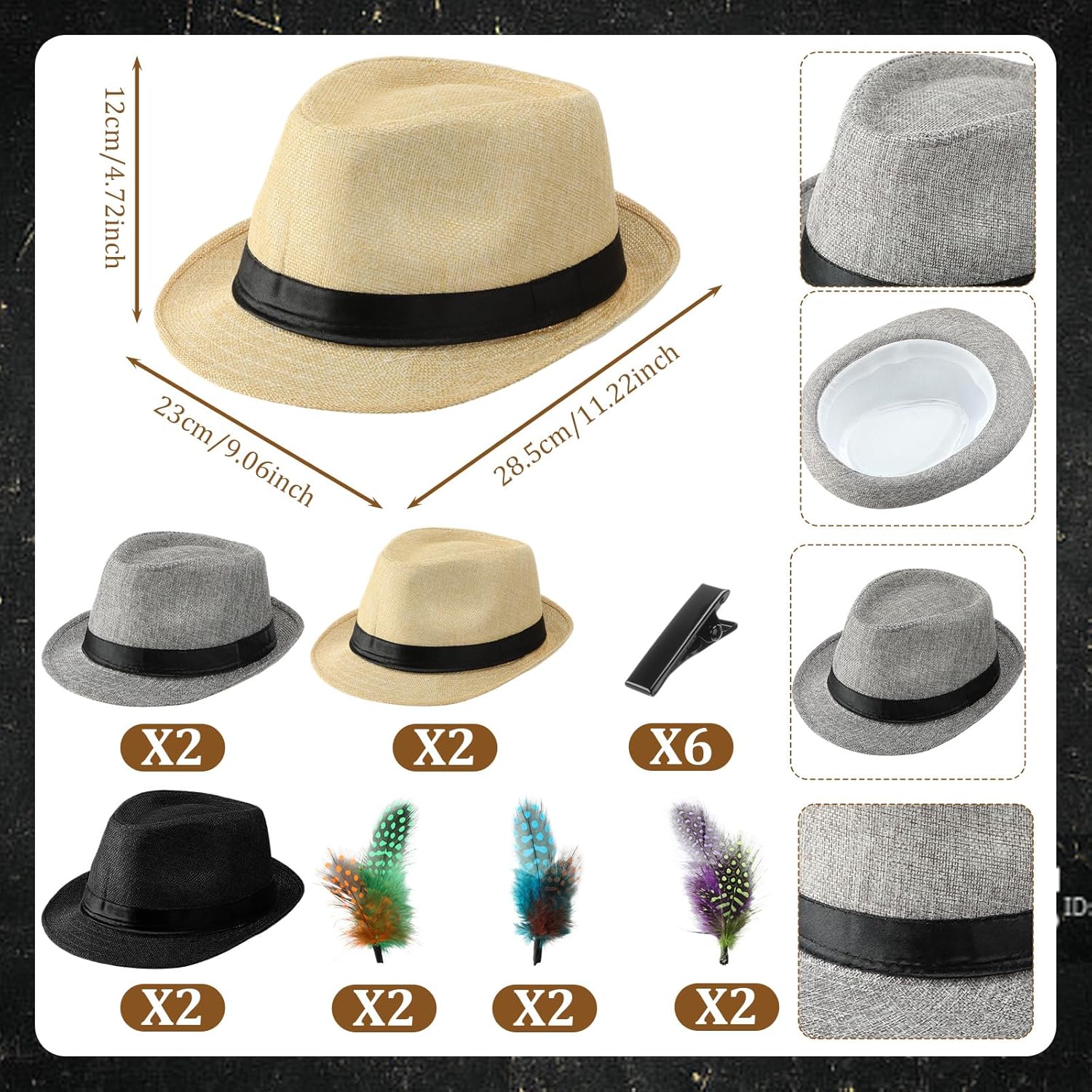 6 Pack 1920s Unisex Party Costume Straw Fedora Hats For Men, Cuban Fedora Sun Panama Hats Men with Adjustable Strap, Short Brim for Summer Beach 1920s Unisex Party Costume Women - Image 2