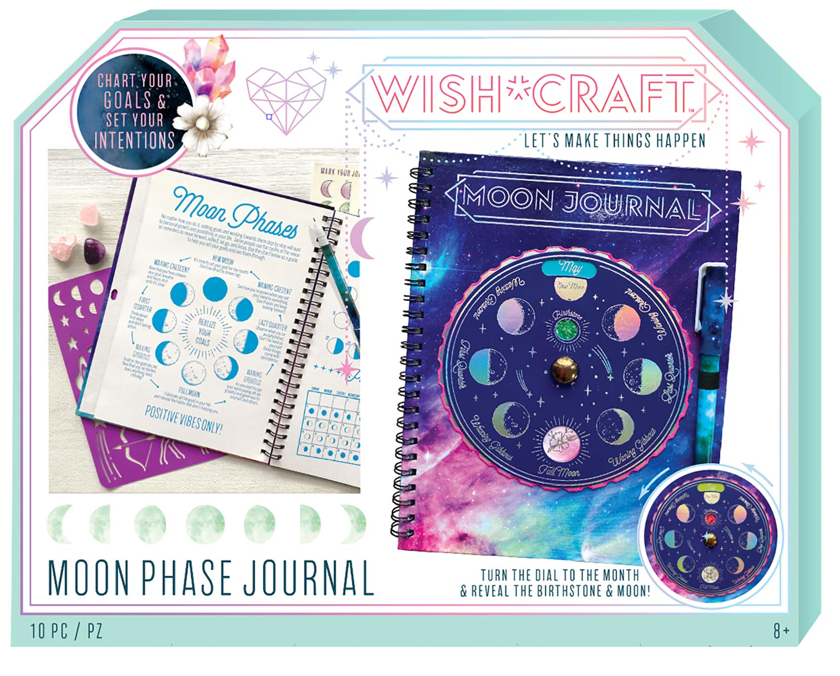 Bright Stripes Wish*Craft Moon Phase Journal Kit Write in and Decorate Your Own 60 Page Beautifully Printed Journal - Reveals Birthstone and Native American Moon for Each Month