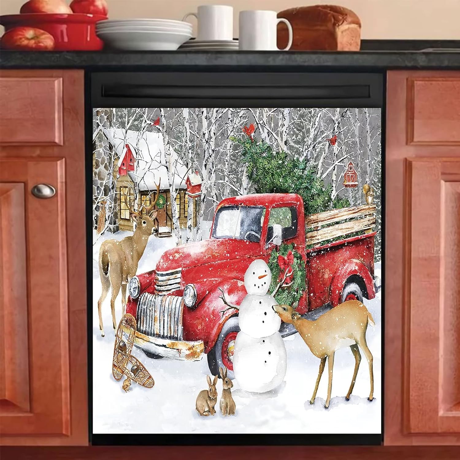 Snowman Dishwasher Cover Red Car Dishwasher Decorative Cover Bird