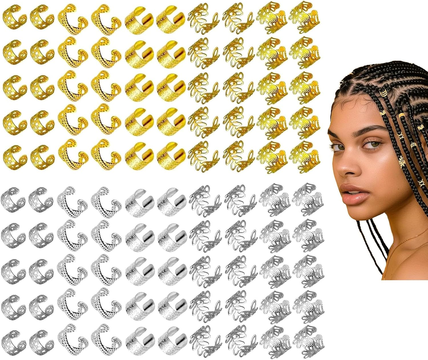 120Pcs Silver Hair Accessories For Braids, Hair Cuffs Adjustable Braid Jewelry Clips Loc Dreadlock Accessories for Women and Girls
