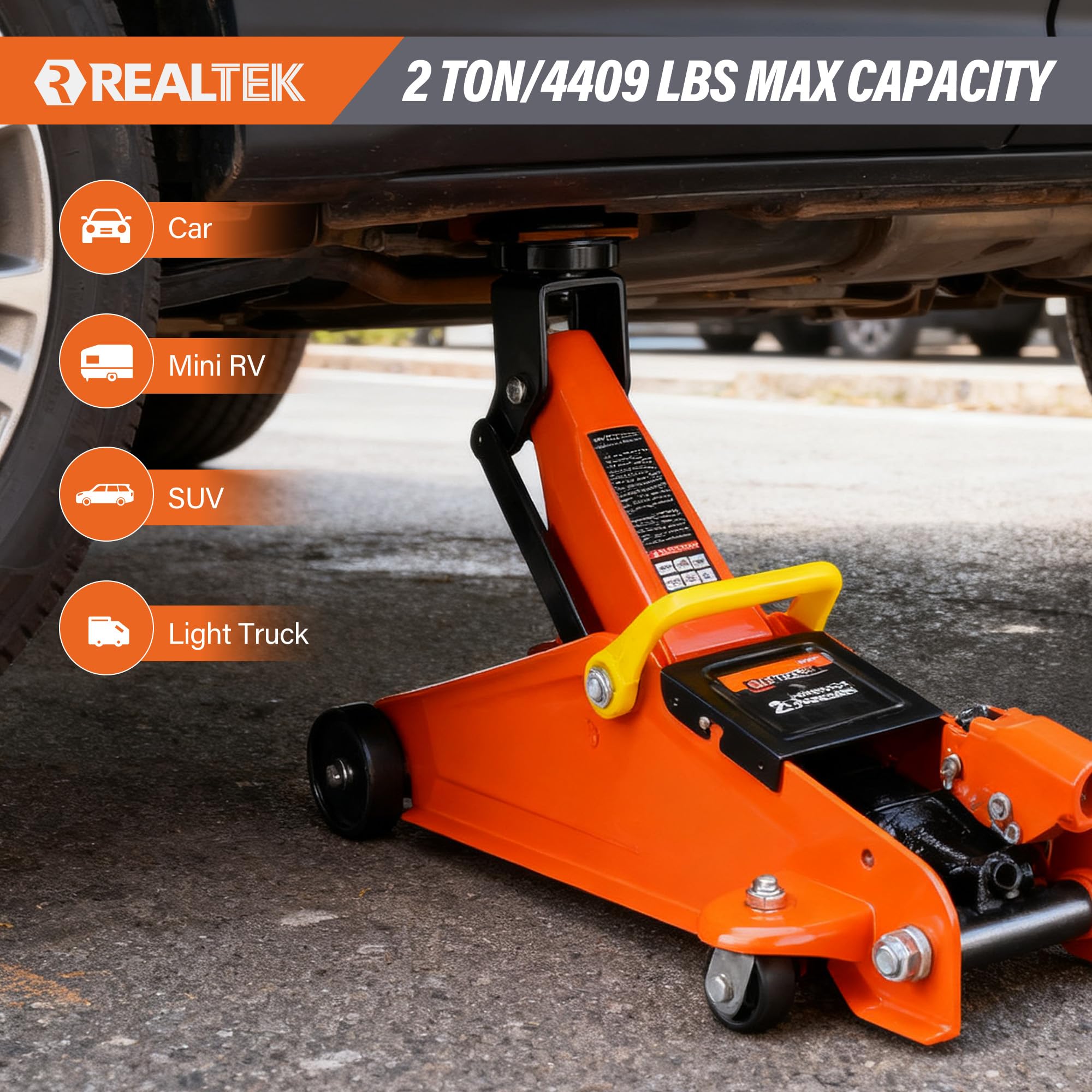REALTEK Cric idraulico 2T, cric auto, 135 – 340 mm, cric idraulico a 360° per auto per Riparazione Auto, casa e officina
