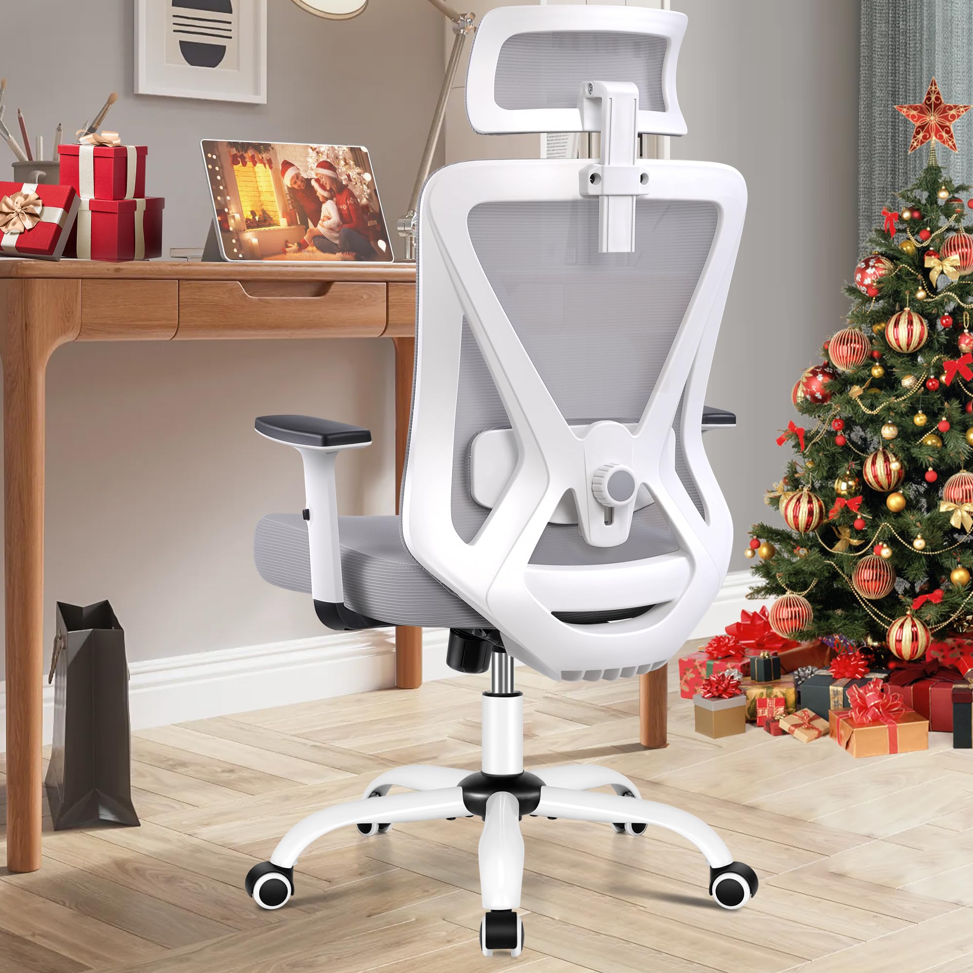 DoChair Silla de Oficina ergonómica, Silla giratoria de Espalda Alta con Soporte Lumbar, reposacabezas Ajustable, Silla de Oficina, Altura Regulable, Silla ejecutiva, 150 kg (Gris)