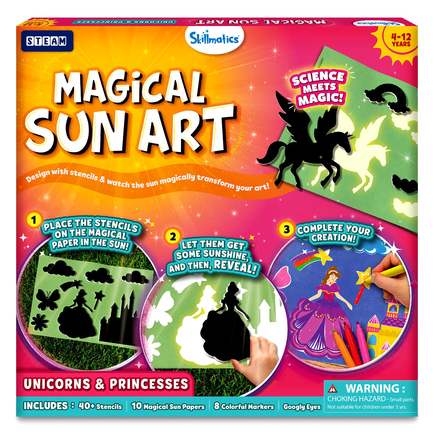 Skillmatics Sun Paper Art Kit - Mess-Free STEM Craft Kit for Kids, Design with Stencils, Create with Sunlight, Color with Markers, Indoor Play, Gifts