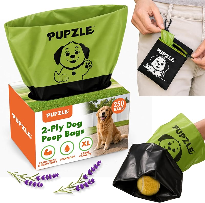 2-Ply Thick Dog Poop Bags For Dogs, Multi-layered Hand Protection | Thick Dog Poop Bags and Odor Blocking Heavy Duty Large Doggy Bags, Includes Pouch, Lavender Scented 250 Bags For Pet Waste