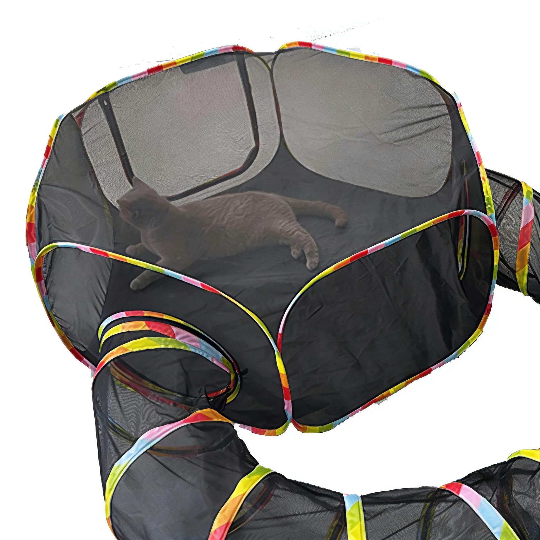 2-en-1 Tunnel pour Chats et Parc de Jeu, Parc Pliable pour Animaux Domestiques pour Chats, Lapins, Furets, Chiots, Respirant, Imperméable, Parc de Jeu Extérieur Portable pour Jardin, Balcon, Camping