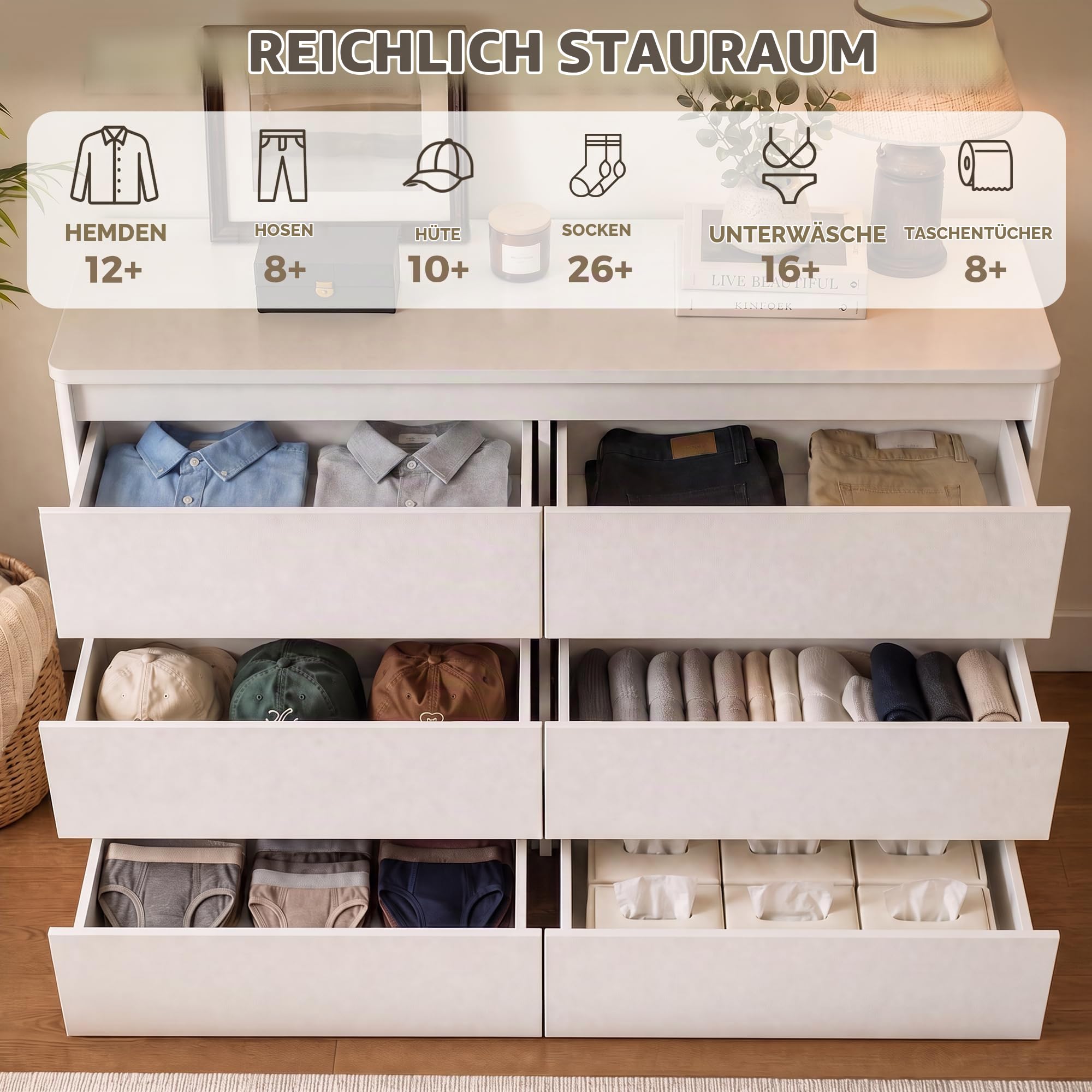 Kommode mit 6 Schubladen, Wackelfreier Stauraum fur Schlafzimmer