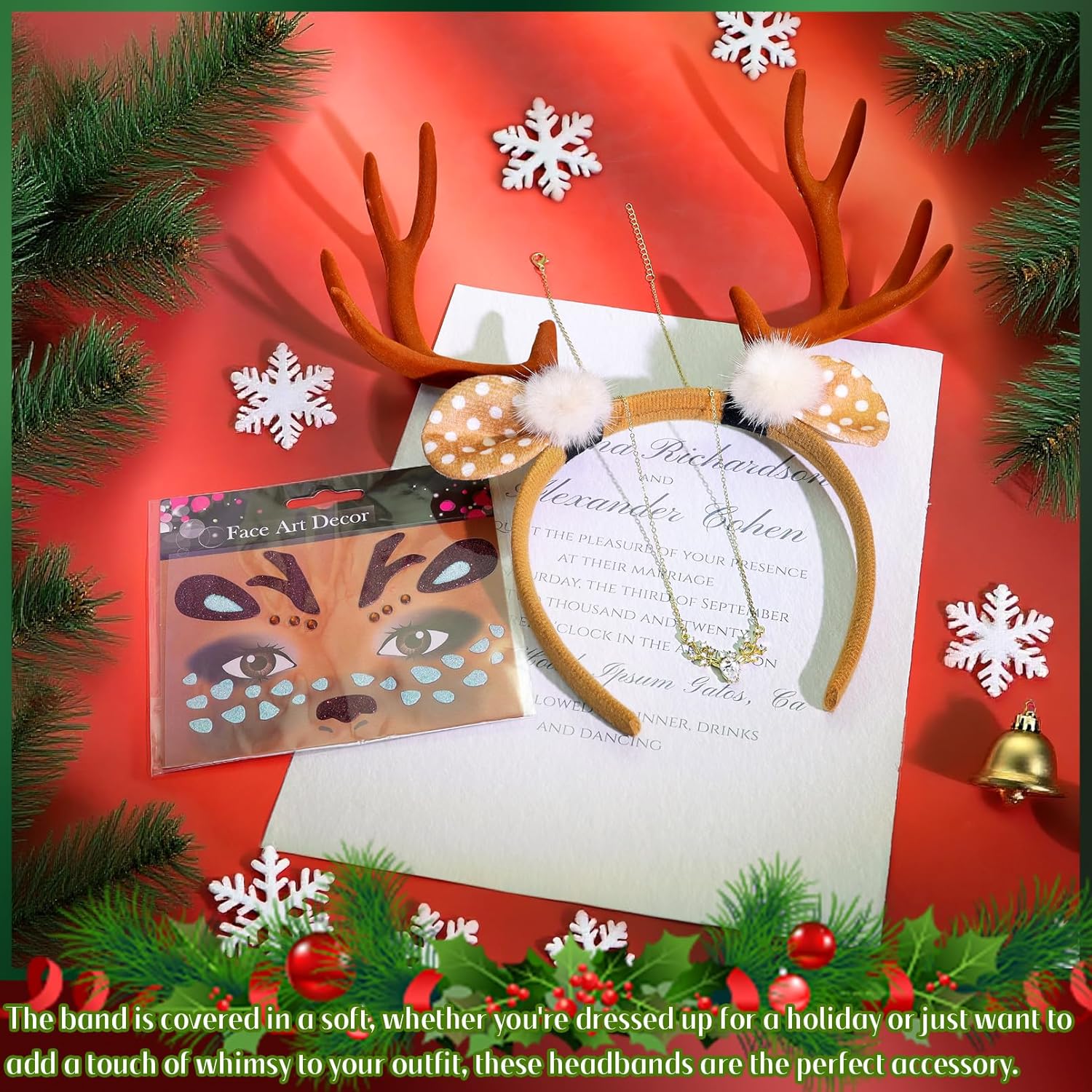 RechicGu 3 Women Halloween Christmas Reindeer Deer Ears Headband Costume Accessories Antlers Horn Necklace Face Sticker Set - Image 6
