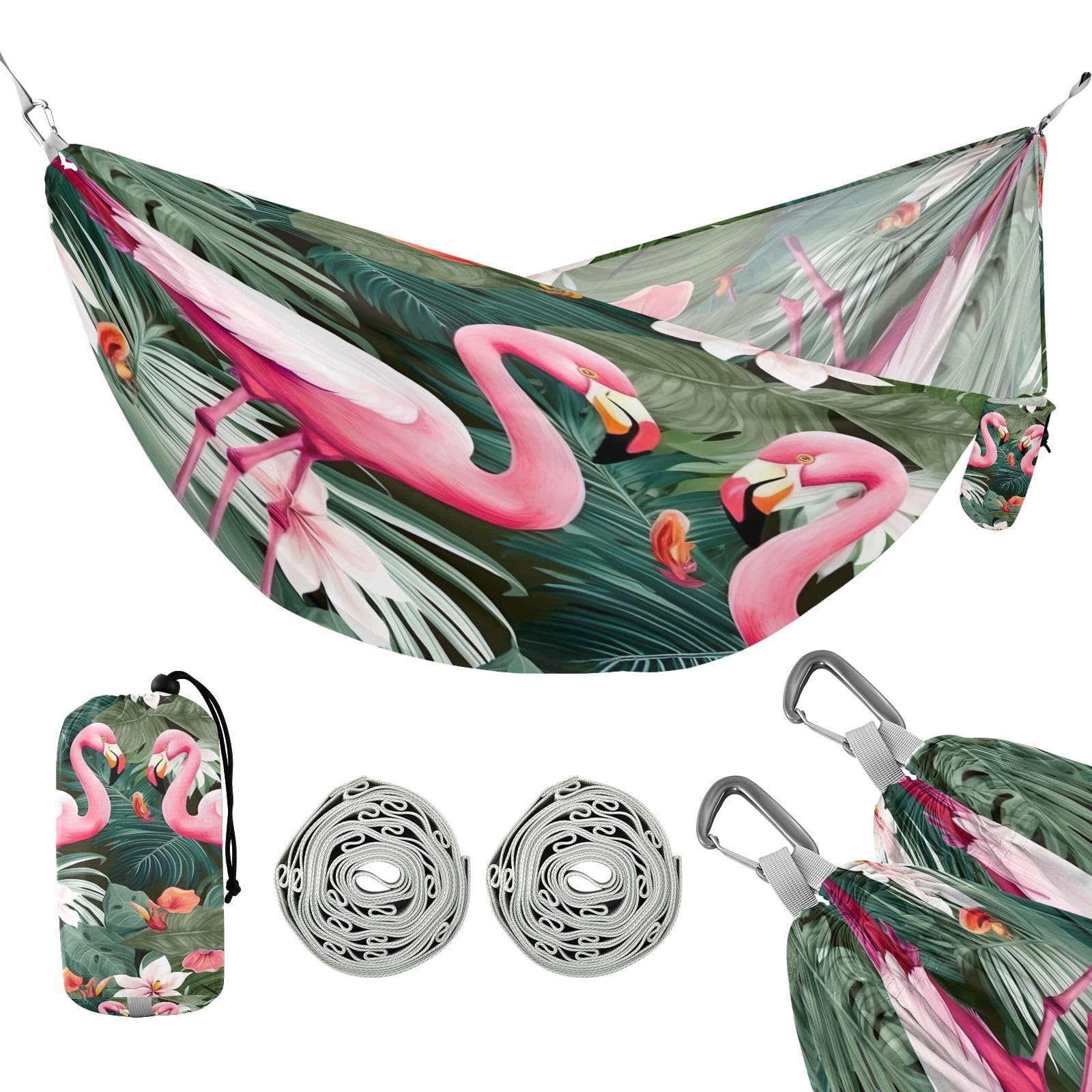 Haskirky Tropical Flamingos Floral Camping Hammock, Single Portable Hammocks with Tree Straps & Attached Carry Bag, 330Lbs Capacity Perfect for Outside Indoor Hiking Beach Backpack Travel