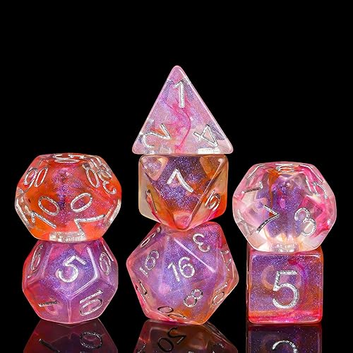 UDIXI Juego de dados poliédricos de 7 dados con purpurina y remolinos naranjas, dados DND para juegos de rol de Calabozos y Dragones (rojo naranja)