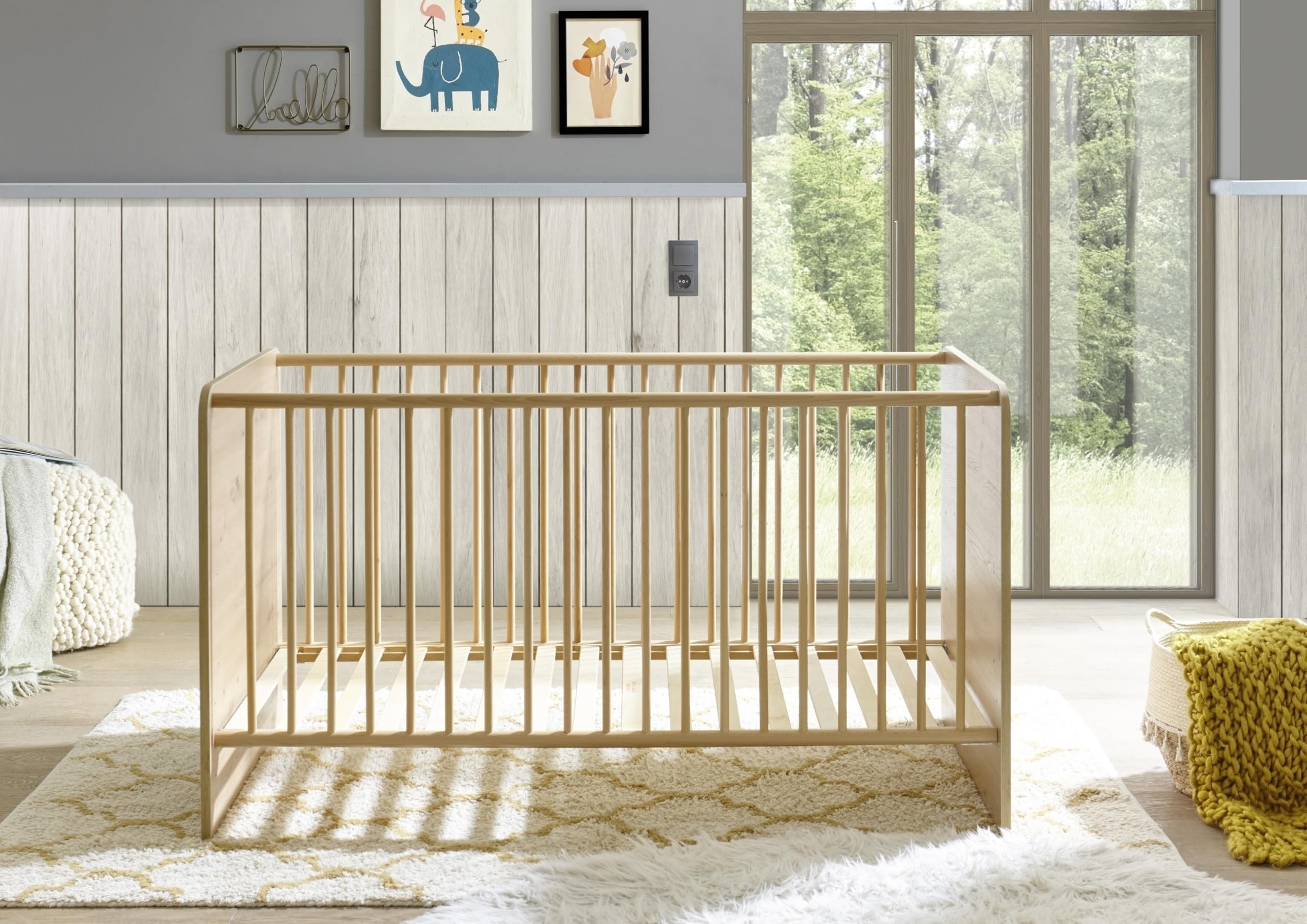 Babybett >Birta< Artisan Eiche Dekor / Salbei, Liegefläche 140x70 cm, 3 Schlupfsprossen, Liegehöhe verstellbar – 78x90x143 cm (B/H/T), robust & pflegeleicht, Dekorfolie, zerlegt, ohne Matratze