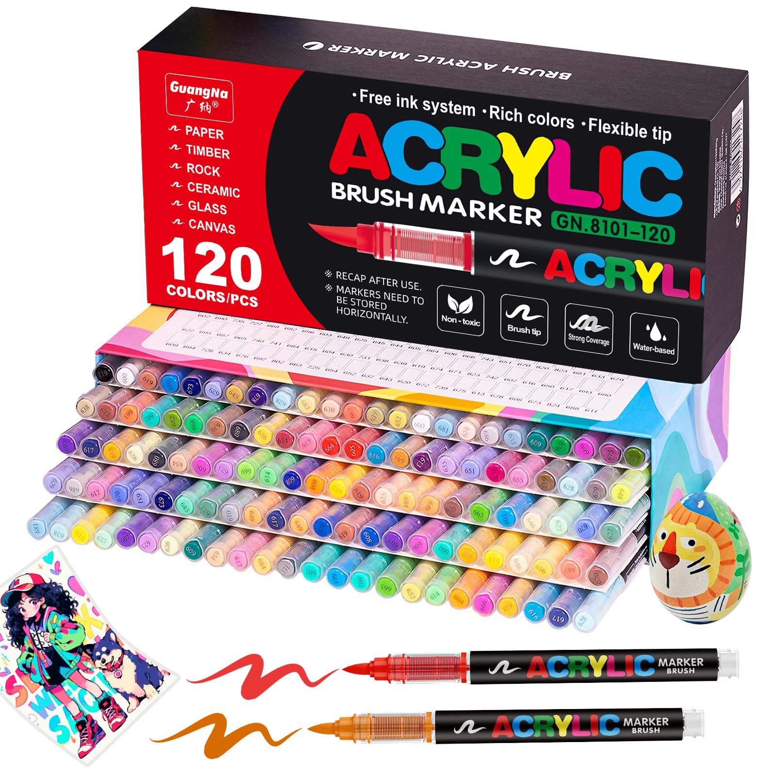 JRQ 120 Colors Acrylic Paint Markers, Brush Tip Acrylic Paint Pens for Wood Rock Glass Canvas Stone Fabric Glass Metal Ceramic Canvas DIY Crafts Art Supplies Kids Gifts