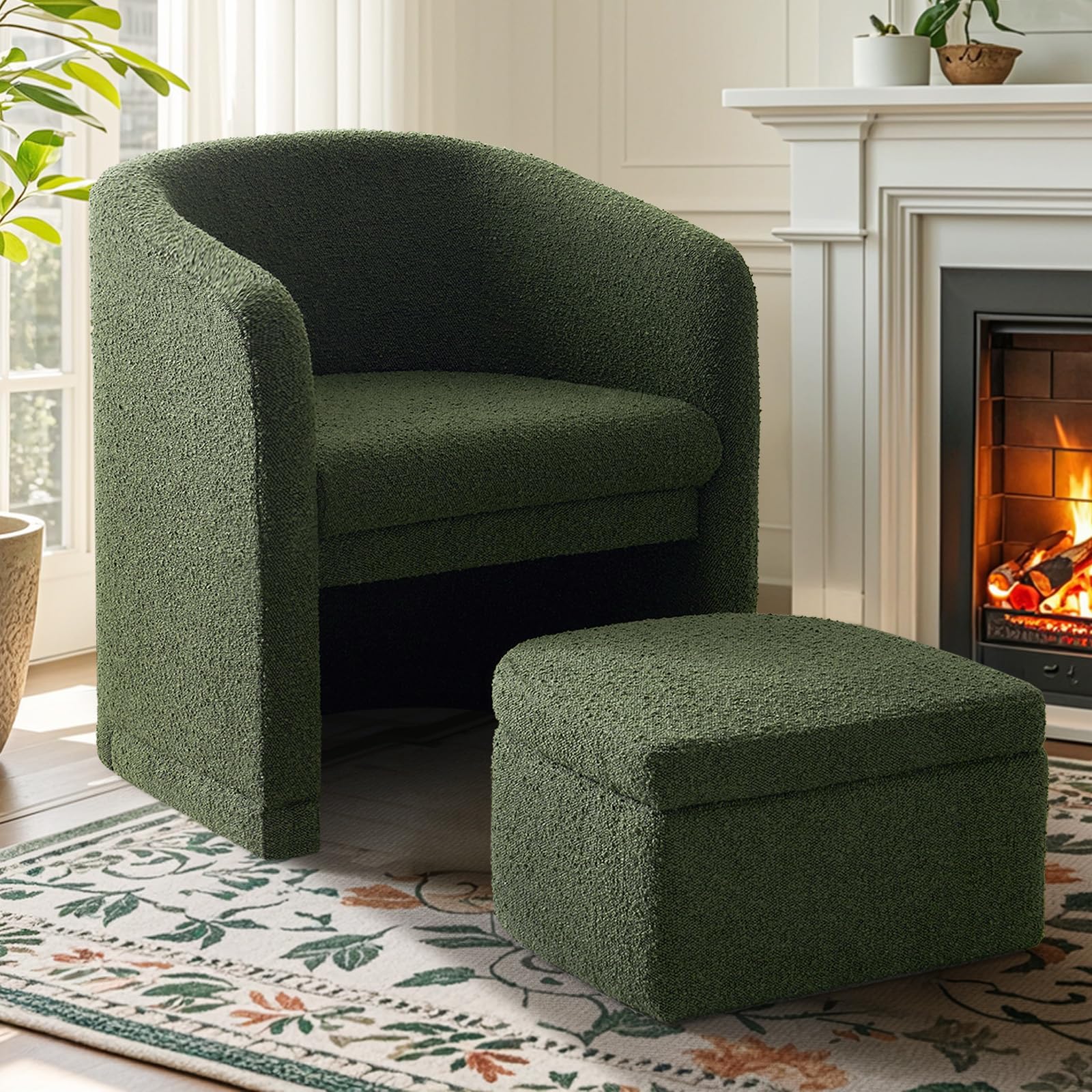 ELUCHANG Green Accent Chair with Storage Ottoman, Upholstered Barrel Arm Chair with Footrest, Modern Living Room Side Chair for Bedroom/Office/Small Space, Premium Boucle