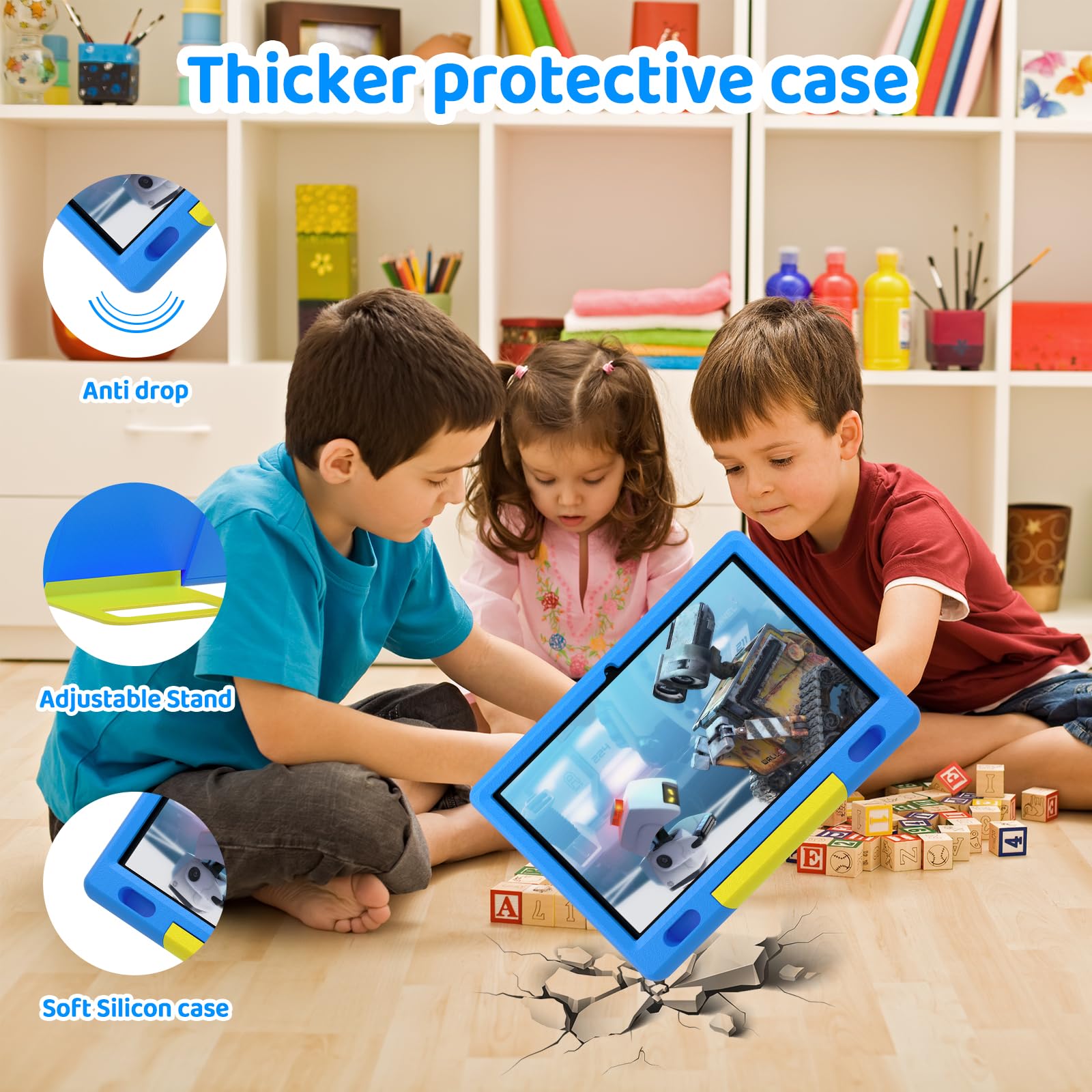 Wqplo Tablette pour Enfants 10 Pouces Android 13 64 Go 5000mAh Bluetooth IPS HD 1280 * 800 Affichage Google Services Contrôle Parental (Bleu)