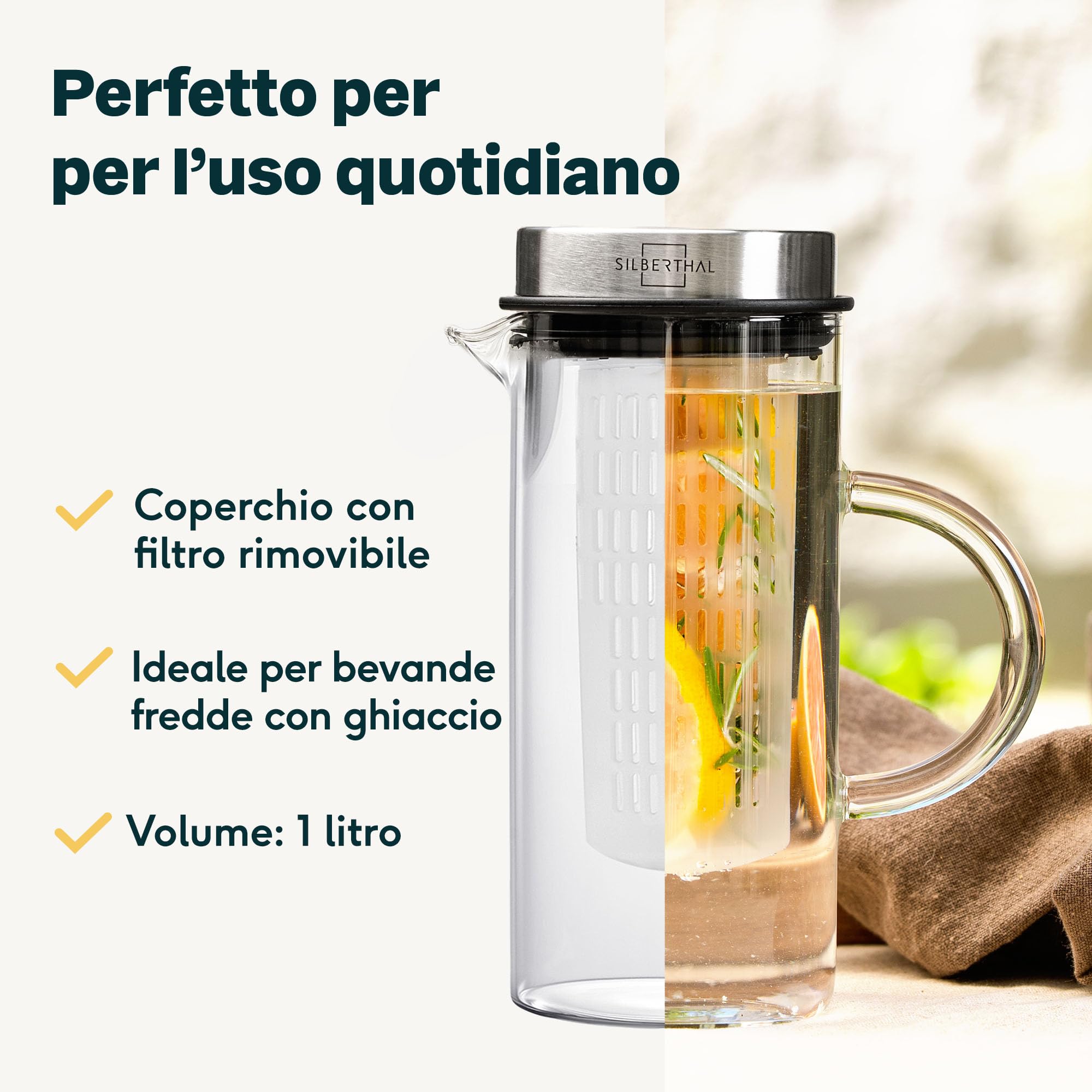 SILBERTHAL Brocca acqua vetro - Limonata e spritz - 1 litro - Caraffa con coperchio