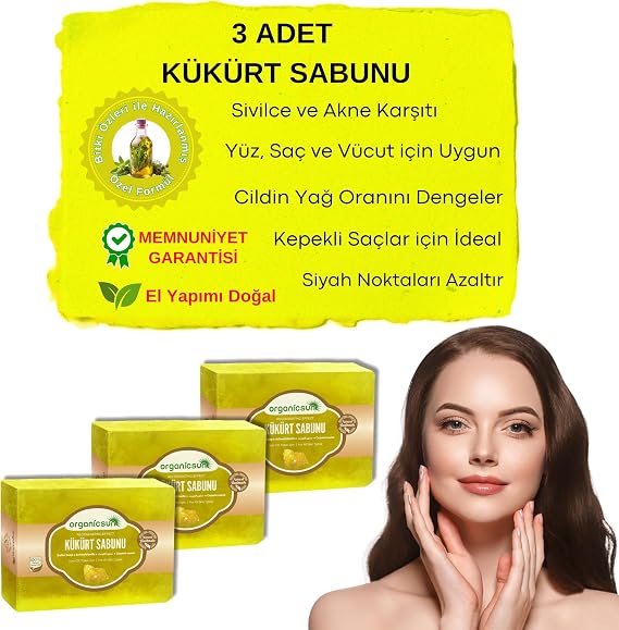 Doğal Kükürt Sabunu 140 Gr x 3 Adet Tüm Cilt Tipleri İçin Antioksidan ve Hücre Yenileyici Etkili