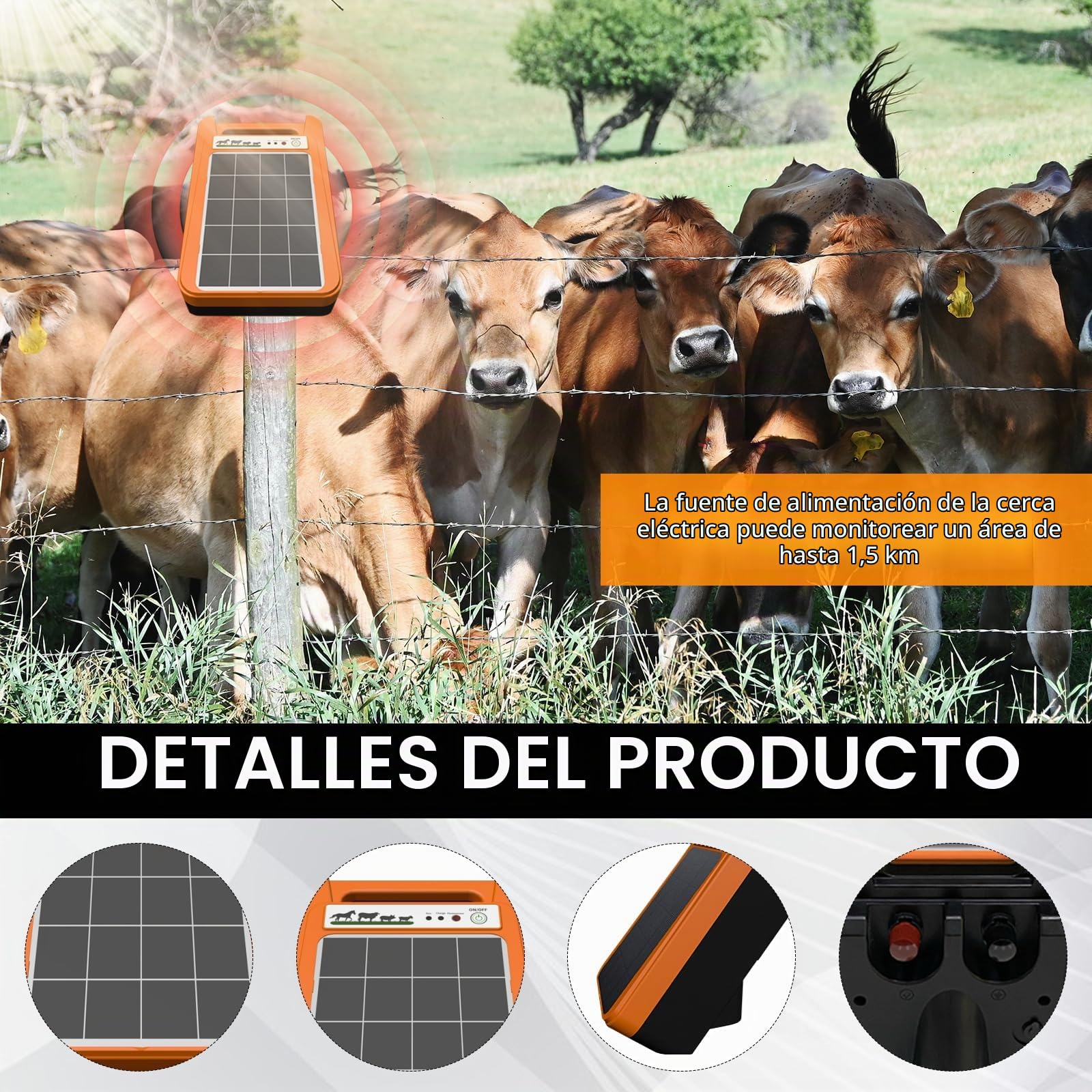 Cercas Eléctricas, Energizador Solar Para Cercas Eléctricas 8Kv 0.2J Energizador Para Cercas Eléctricas 1.5Km Para Aves Corral Panel Solar 3W Batería Litio 10400Mah IP55 Resistente Intemperie