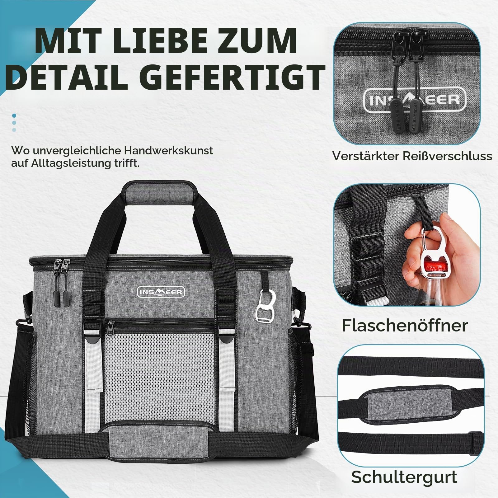 INSMEER Kühltasche Groß 50 l, Kühltaschen Faltbar für 80 Dosen, Faltbare/Auslaufsicher mit Öffner, Picknicktasche/Kühlbox Gross für Camping, Strand, Picknick, Familienausflüge für 4 Personen