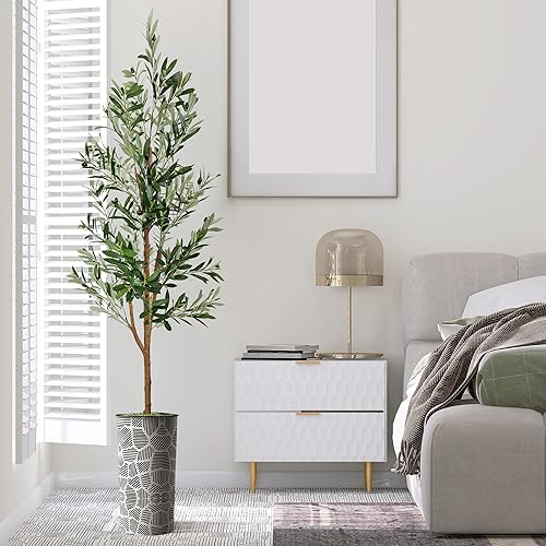 Miniatura 3 de Árbol artificial en macetero con patrón geométrico contemporáneo, árbol de seda de olivo falso para decoración del hogar en interiores y exteriores,