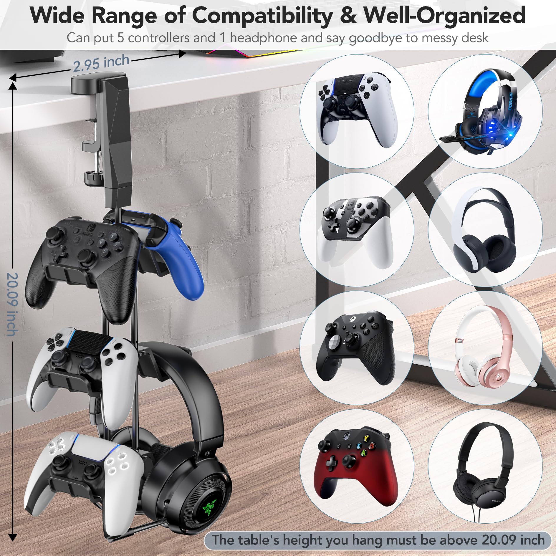 Kytok Controller Halterung Tisch 360° Drehbar, 3 Etagere Controller und Headset Halterung, Controller Halter & Headset Halter unter Tisch für universal 3 Headset & 3 Controller PS5