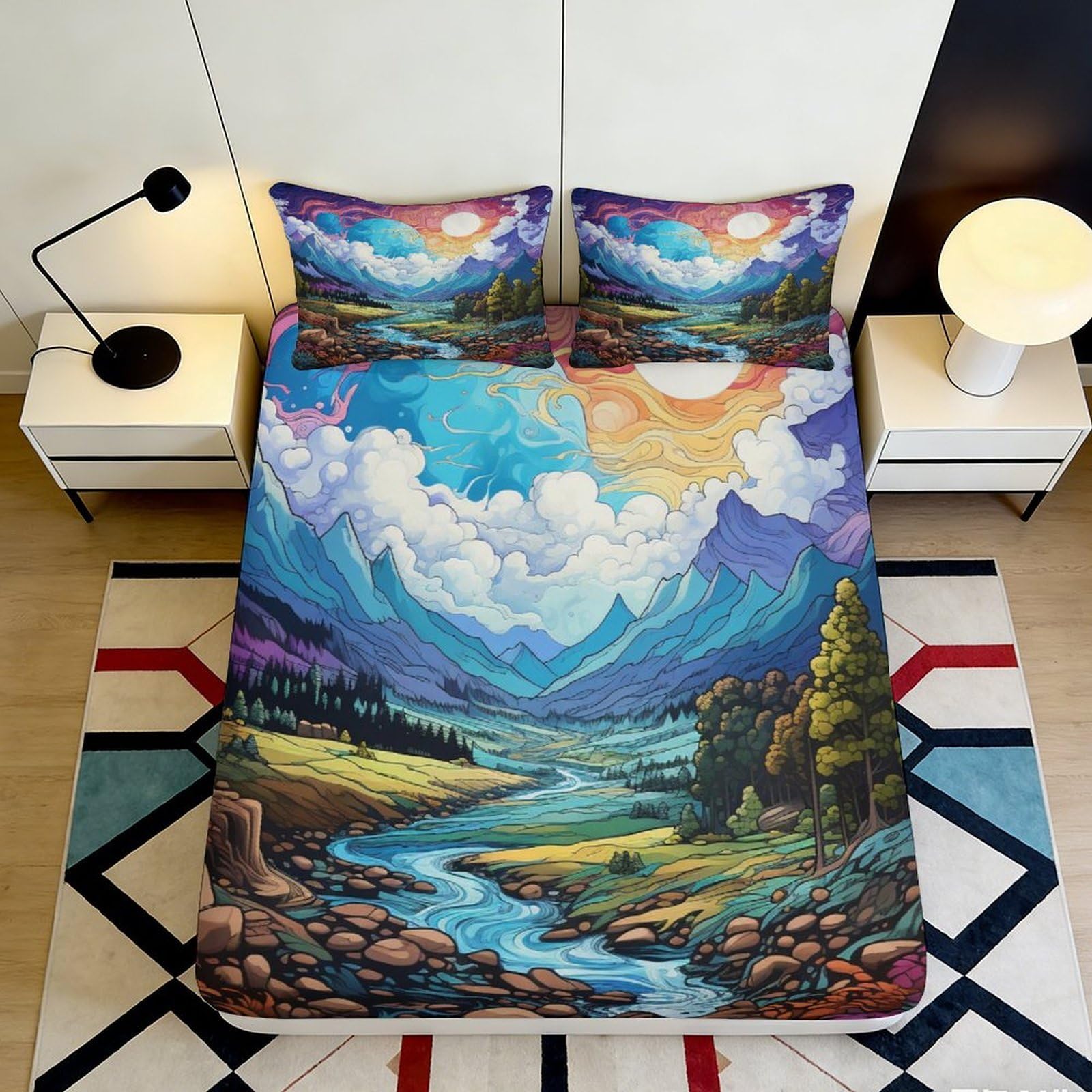 Pnayamiorkfel Style-8 3D Printed Mountain Landscape Fitted Sheet Microfiber Soft River Valley Bed Cover For Bedroom Guest Room Decor 90X200x25cm