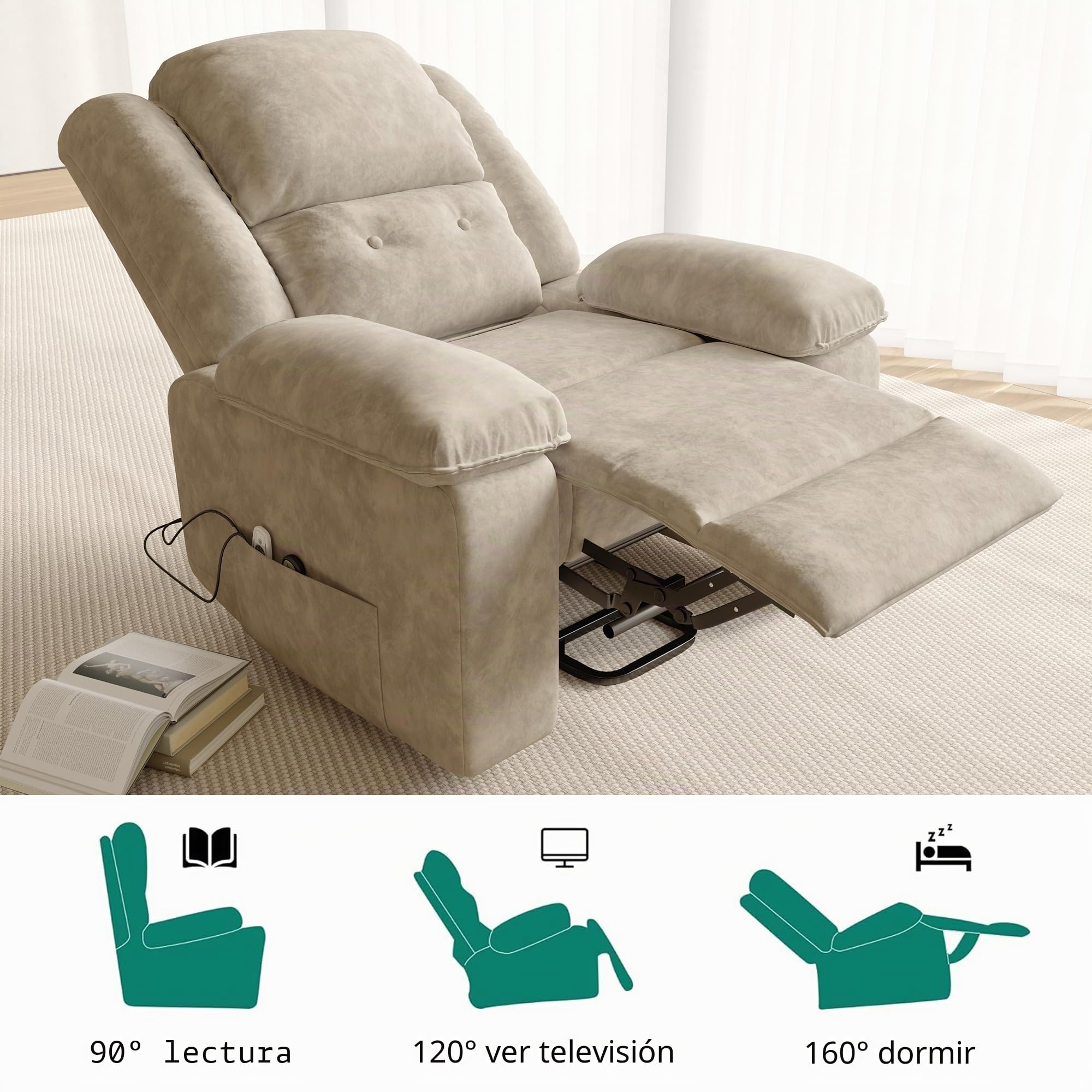 Sillón Relax Reclinable, Silla con Respaldo Reposabrazos, Sillón de TV con Reposapiés, Respaldo Alto, Stand-up Aid, eléctricamente Ajustable, función de calefacción y Masaje, Beige+Gris