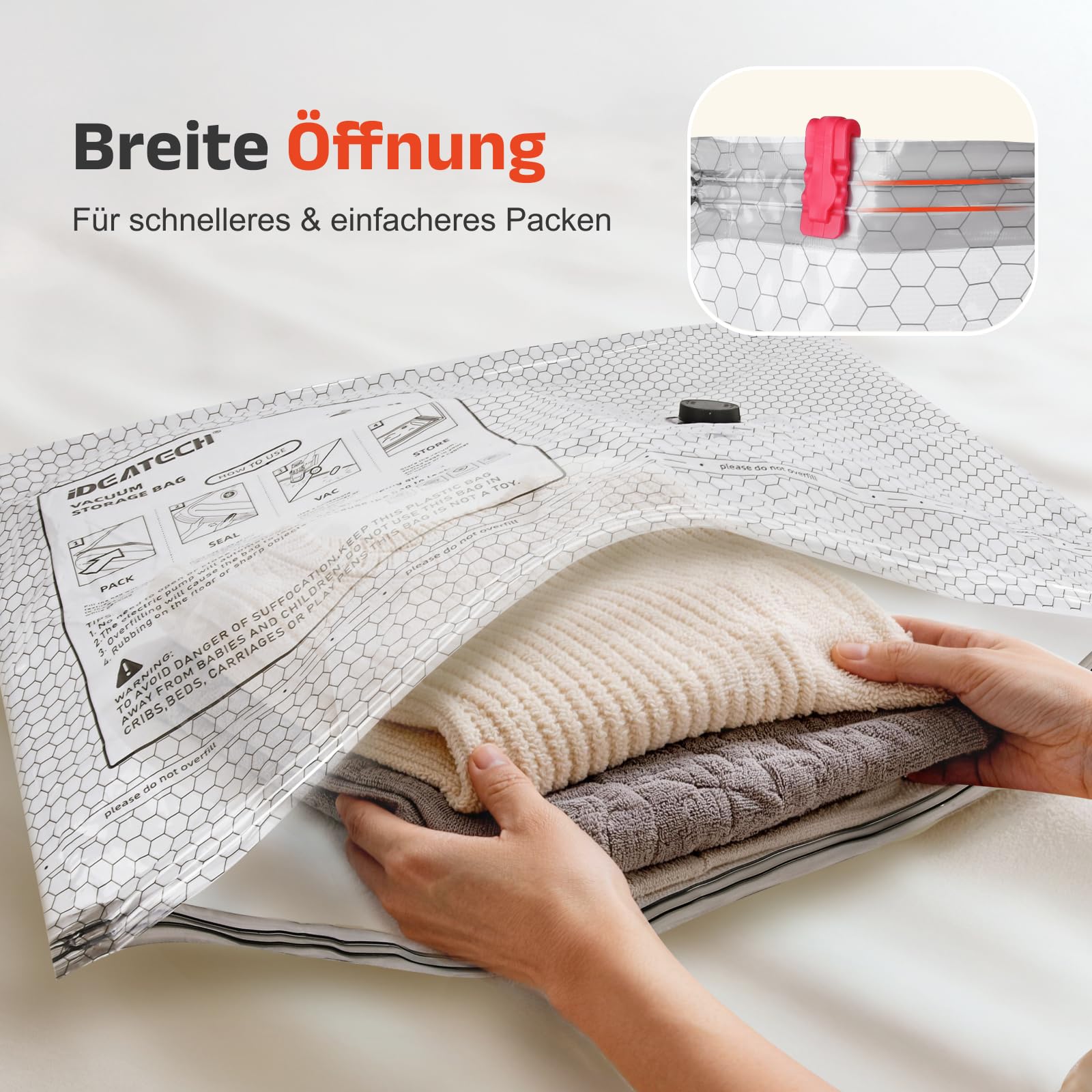 IDEATECH Vakuumbeutel 15 Stück (5S 50x40cm + 5M 60x40cm + 5L 60x50cm) mit Elektrische USB-Pumpe Kompressionsbeutel Wiederverwendbar Luftdicht für Kleidung Bettdecken
