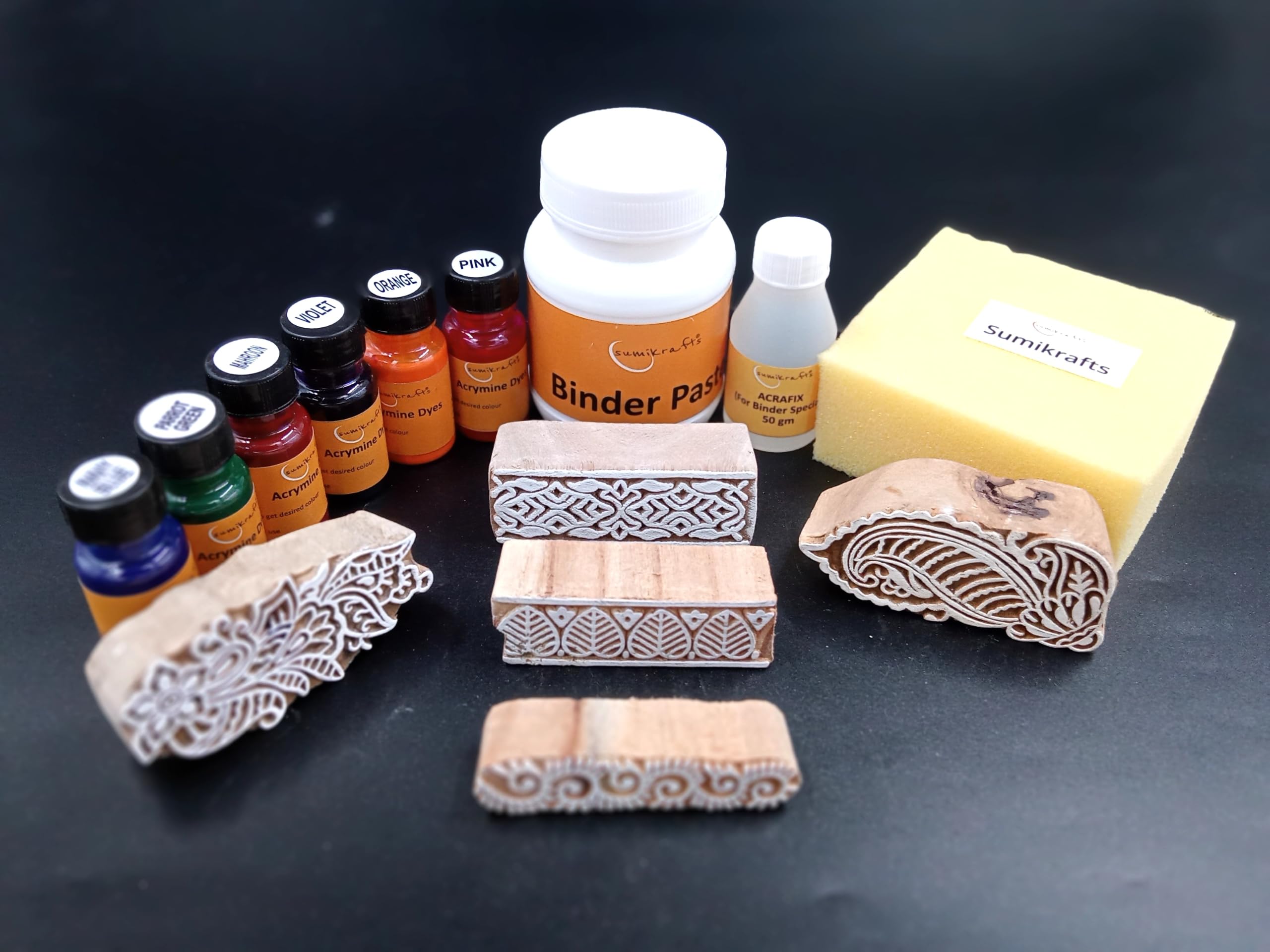 Sumikrafts Fabric Block Printing Kit | 6 Fabric Dye Colors, 5 Wooden Printing Blocks, Binder Paste, Acrifixer & Sponge | DIY Textile Printing Set for School Projects, Beginners, Hobbyists & Home Crafts-14-image-10