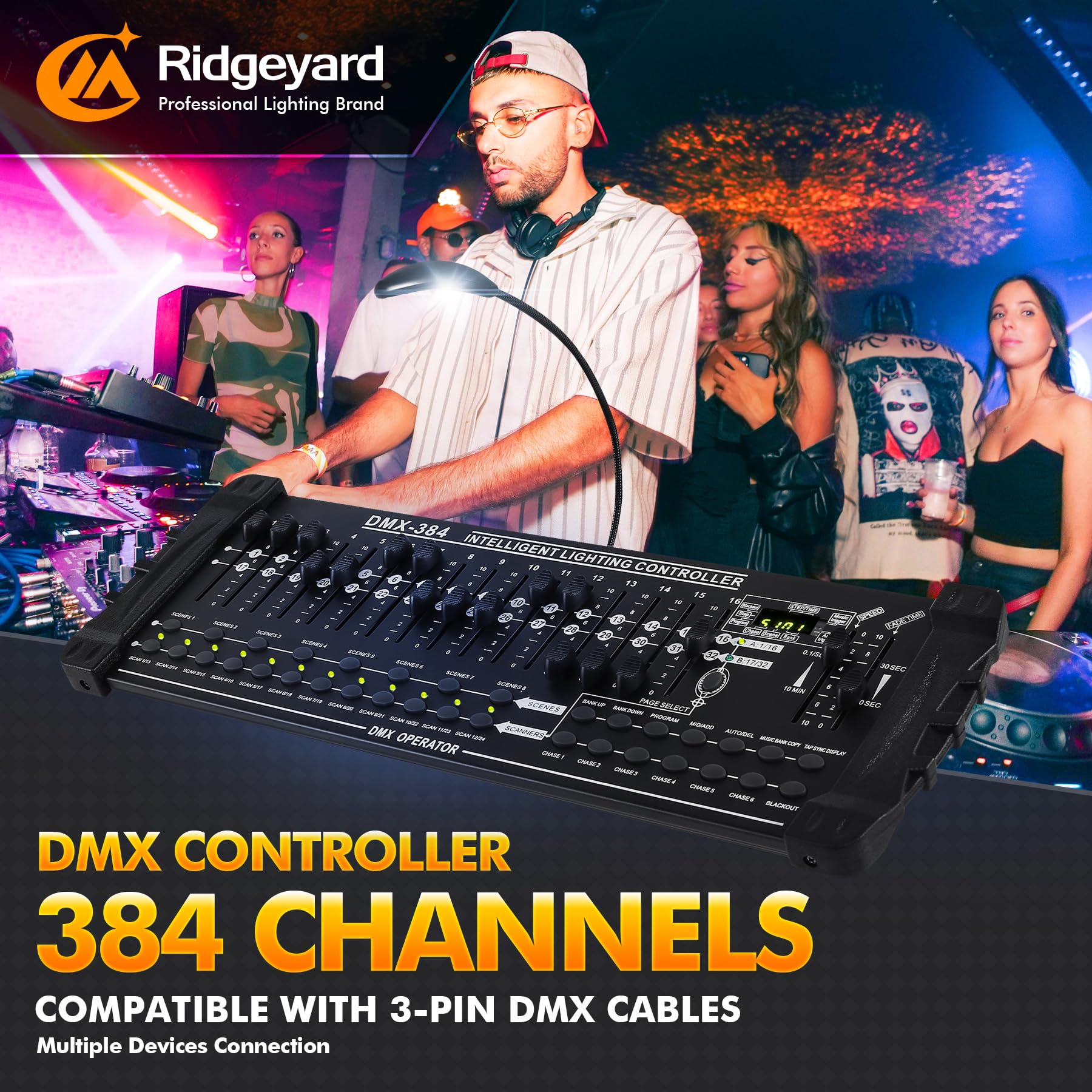 Ridgeyard DMX 512 Controller 384 Channel Operator Console Moving Head Light DMX Controller with LED Gooseneck Lamp, Suitable with all lamps with 3-pin DMX cable for DJ Lights Show Bar Club Live